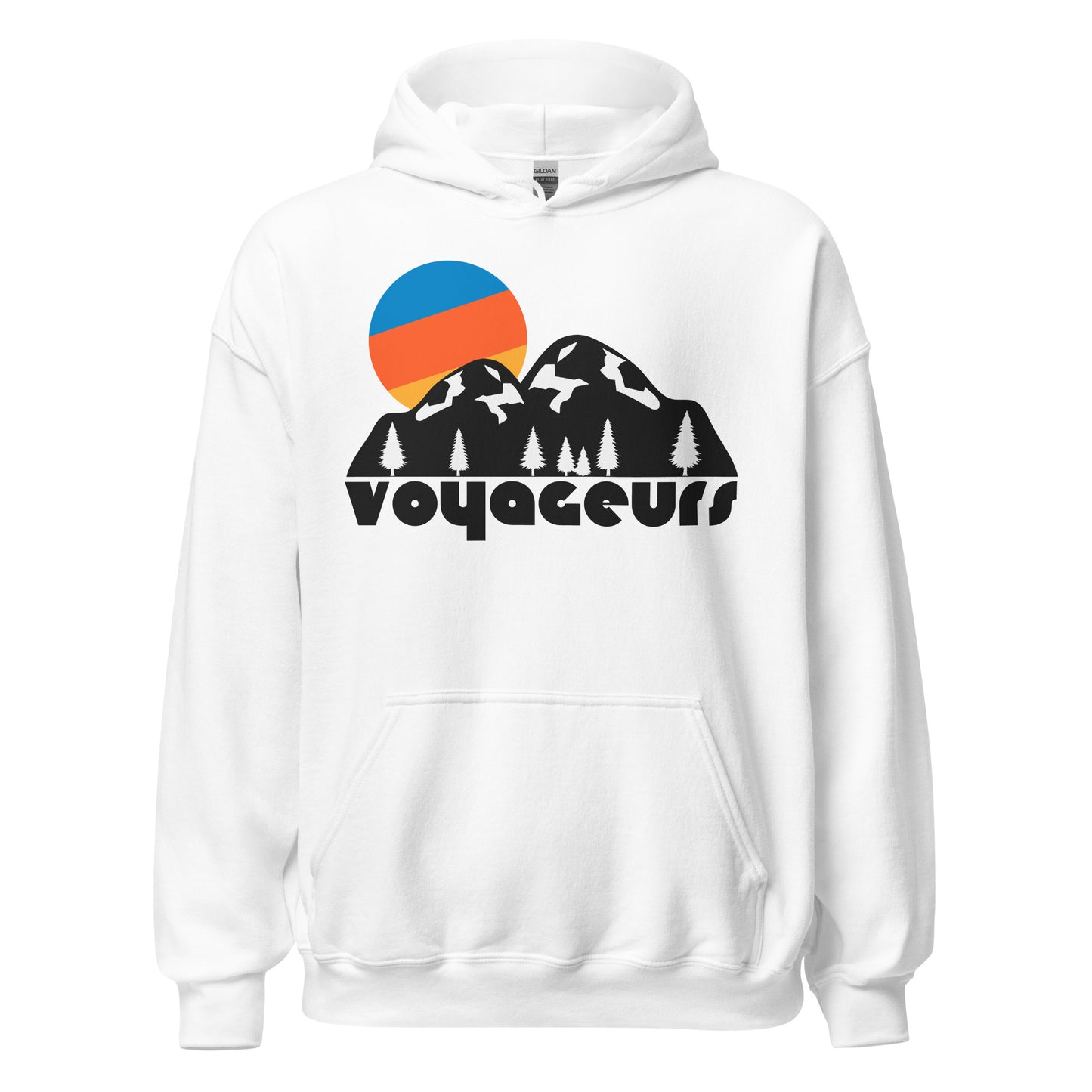 A white colored vintage, 80s style Voyageurs National Park hoodie sweatshirt with the picture of hills, mountains, trees, and a sun rising above it all in blue, orange, and yellow stripes. Known for its waterways and lakes, including Rainy Lake, Kabetogama Lake, Namakan Lake, and Sand Point lake, Voyageurs National Park is great for camping, fishing, and boating, and sits next to the Canadian border.