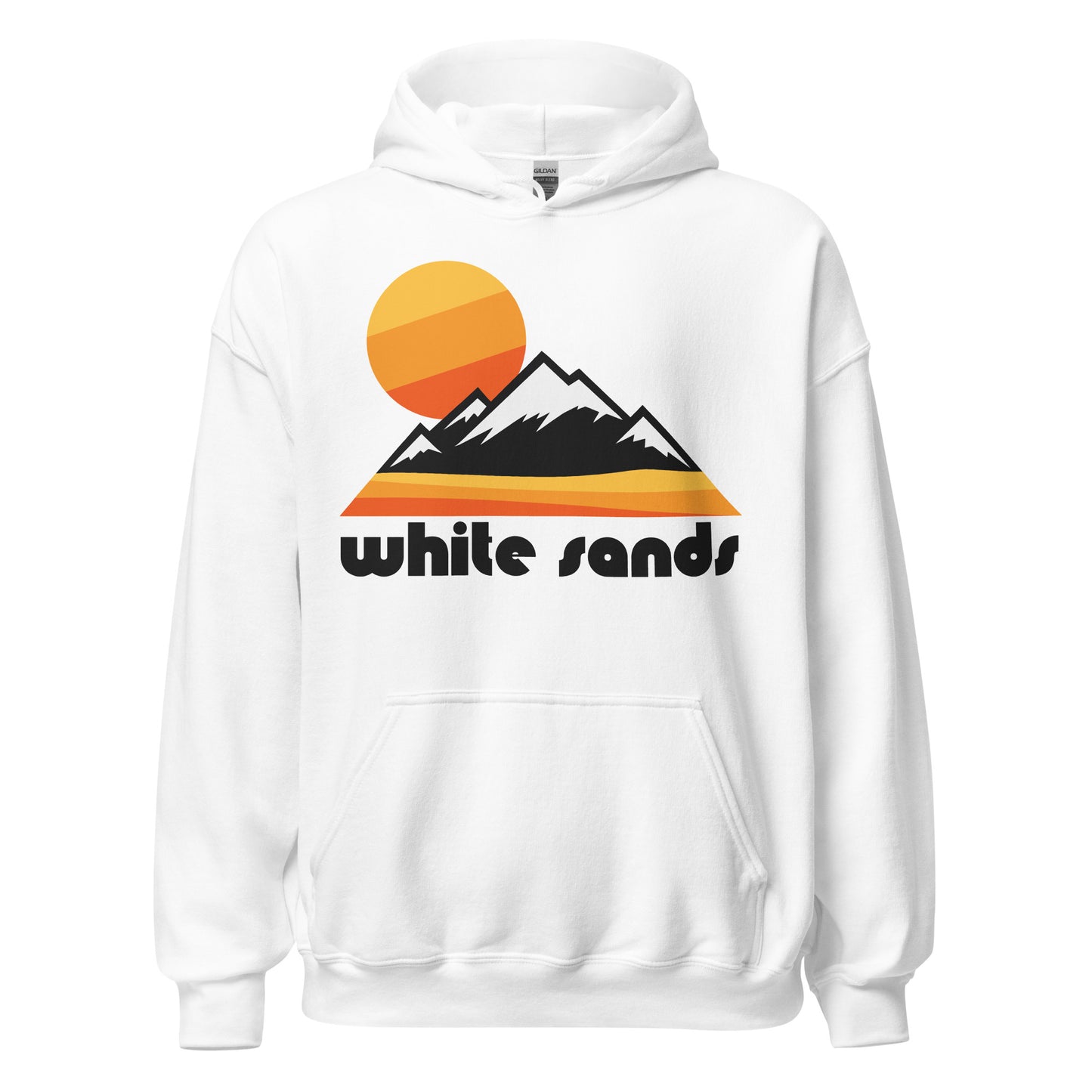 A white colored "White Sands" 70s style hooded sweatshirt with the image of a stunning mountain and desert landscape and a sun setting referencing the famous white sand dunes in White Sands National Park, in the Tularosa Basin between the Sacramento Mountains and the San Andres Mountains.