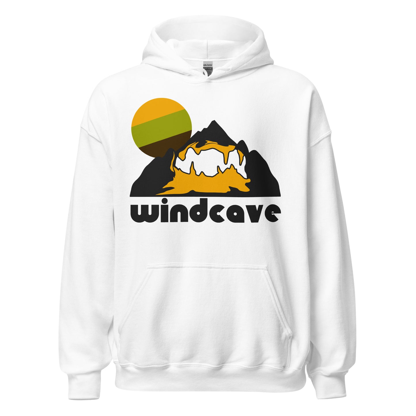 A white colored retro 80s style hooded sweatshirt that says "Wind Cave" on it with the image of a mountain and cave system and a setting green/yellow/brown sun. Known as one of the largest cave systems in the world, Wind Cave National Park in South Dakota has stunning hiking as well as beautiful scenery above ground - prairie and pine forest - and wildlife like elk, bison, and antelopes.