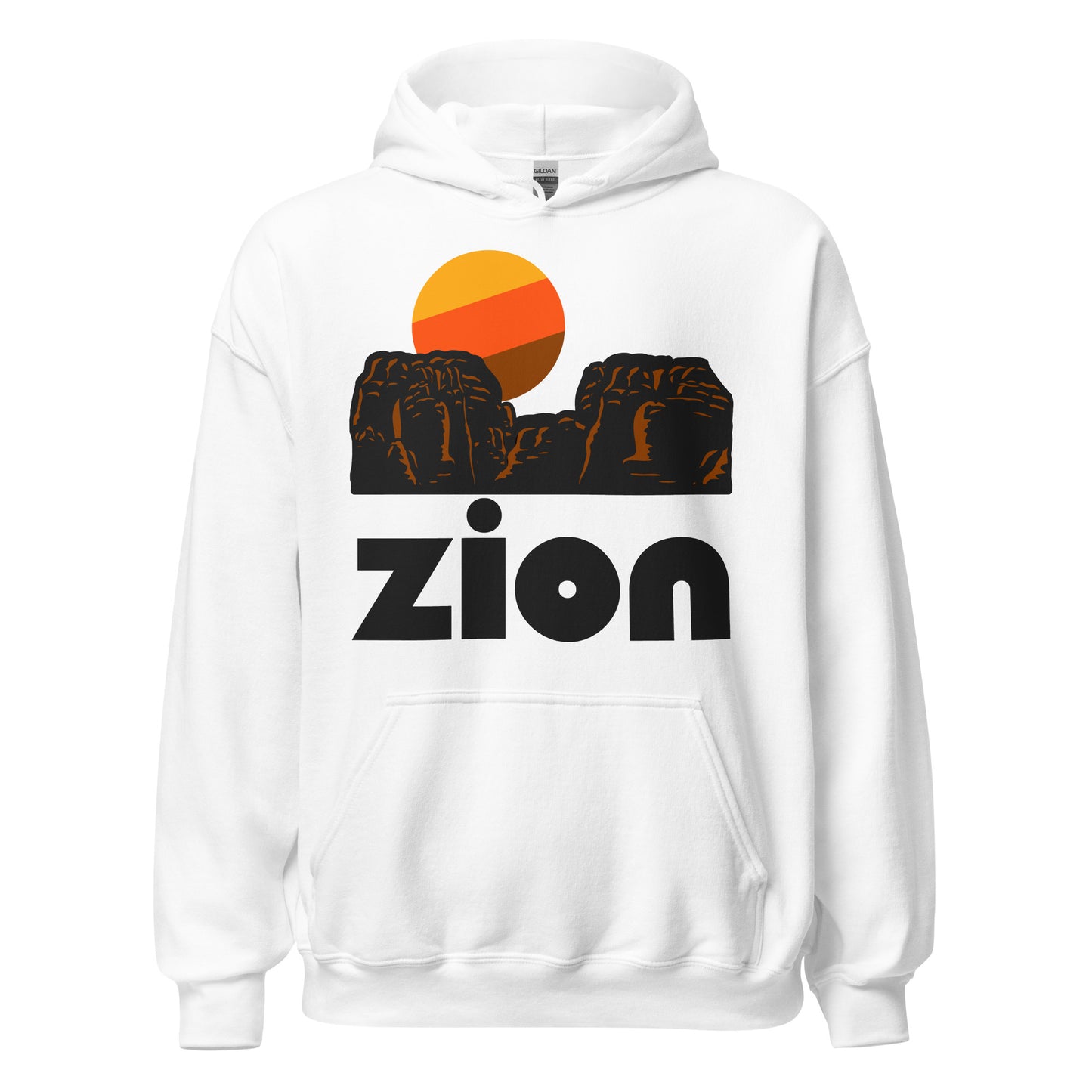A white retro hooded sweatshirt that says "Zion" with the image of red rocky cliffs and a beautiful setting sun. Referencing Utah's Zion National Park, a famous tourist attraction known for Angels Landing, slot canyons, rivers, waterfalls, Emerald Pools Trail, and Fork Falls.