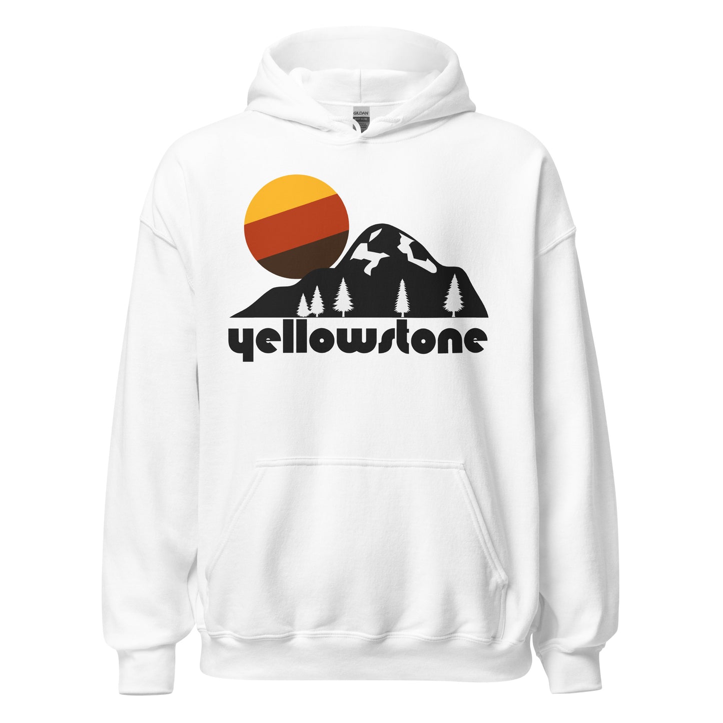 A retro 80s style Yellowstone National Park white hooded sweatshirt with the image of a mountain range with pine trees and a beautiful red, yellow, and brown colored sun setting. Also known as Yellowstone Supervolcano or Yellowstone Caldera, and famous for its geysers such as Old Faithful and its incredible wildlife and mountainous hiking trails.