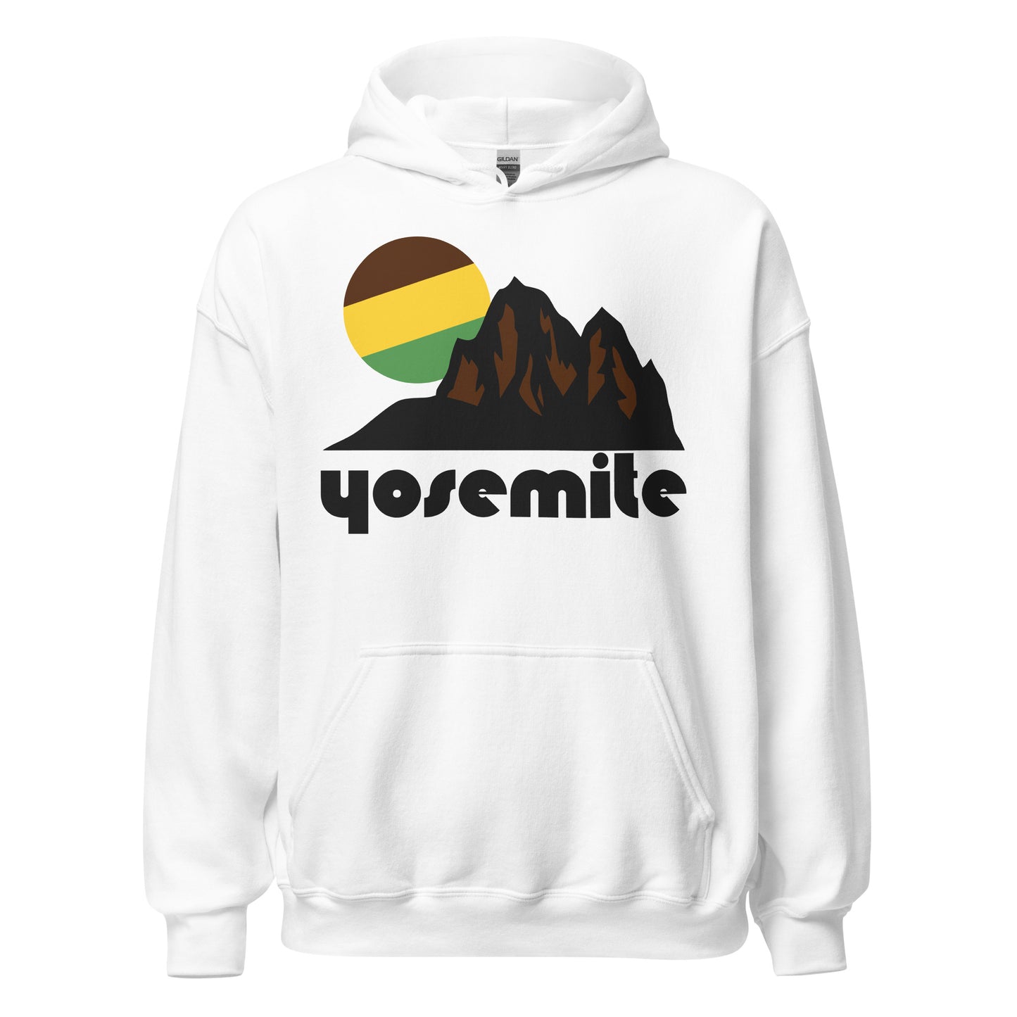 A retro, 80s style Yosemite hooded souvenir sweatshirt for tourists. Has an image of mountains and mountain peaks and a brown, yellow, and green sun. References Yosemite National Park in the Sierra Nevada Mountain Range in California, popular for its waterfalls and John Muir's visit in 1868.