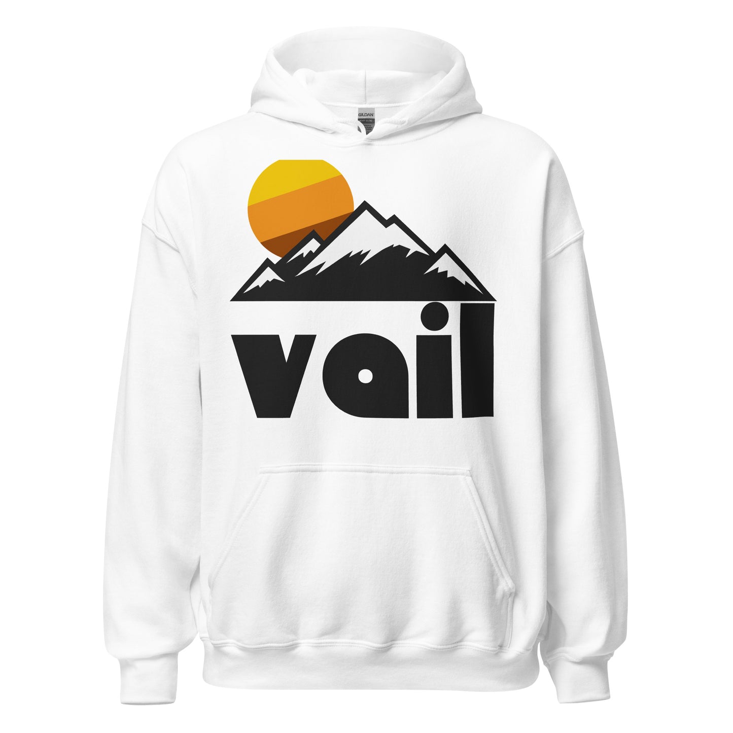 A souvenir retro Vail white hooded sweatshirt with the image of a sun rising behind a beautiful mountain range landscape, likely referencing the Gore Mountain Range and Sawatch Mountain Range.