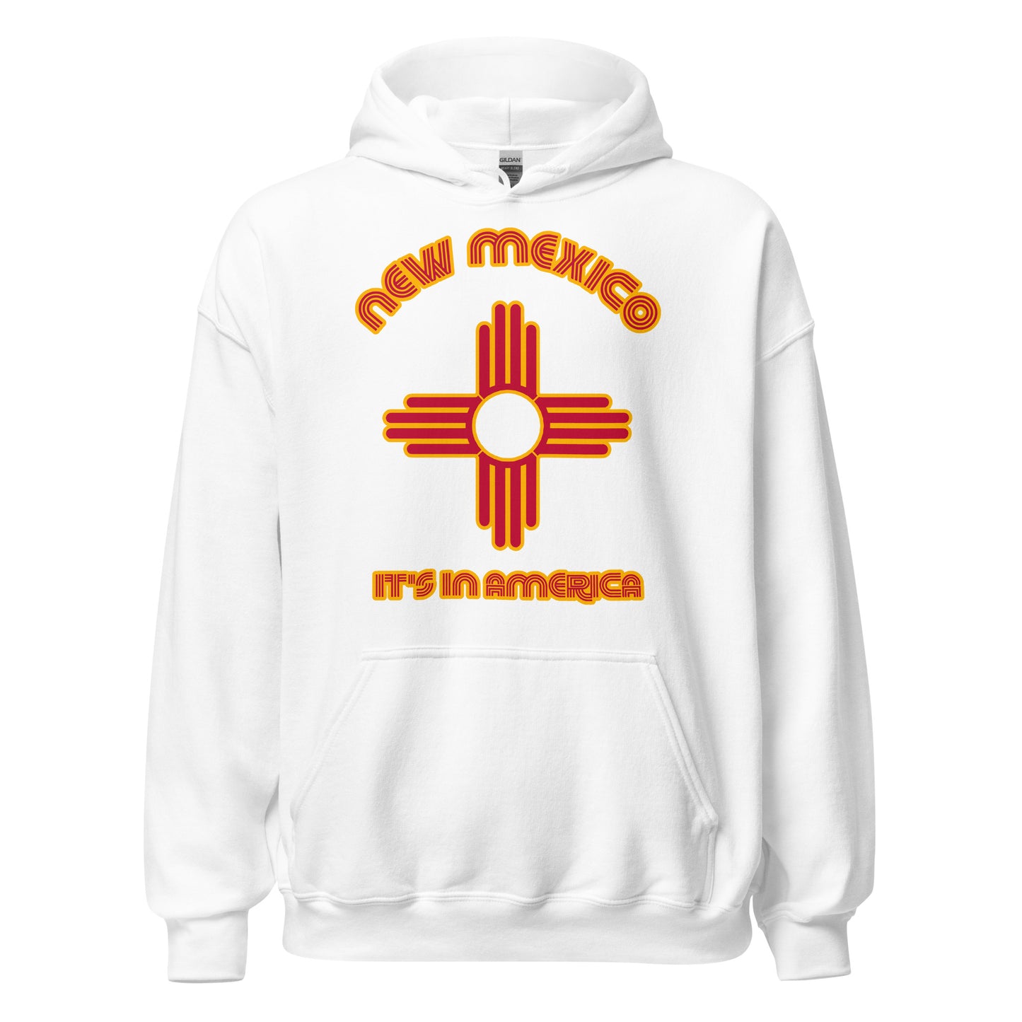 A 70s style tourist white colored hooded sweatshirt that says "New Mexico" and "It's in America" with an image of the sun design symbol found on the NM state flag in red and yellow colors, created by the Zia Tribe.