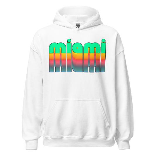 A white colored Miami, FL retro hooded sweatshirt. Says "Miami" in bright mint green 3-d bubble letters that fade into various other shades of yellow, pink, and blue.