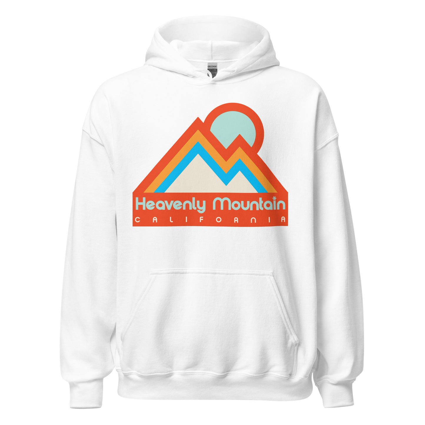 A white retro 90s style hoodie sweatshirt with the image of stylized orange and blue mountains and a setting ice blue sun. Sweatshirt says "Heavenly Mountain" in reference to the ski resort on the California-Nevada border that overlooks Lake Tahoe in the Sierra Nevada Mountain Range. Known for its incredible ski and snowboarding trails.