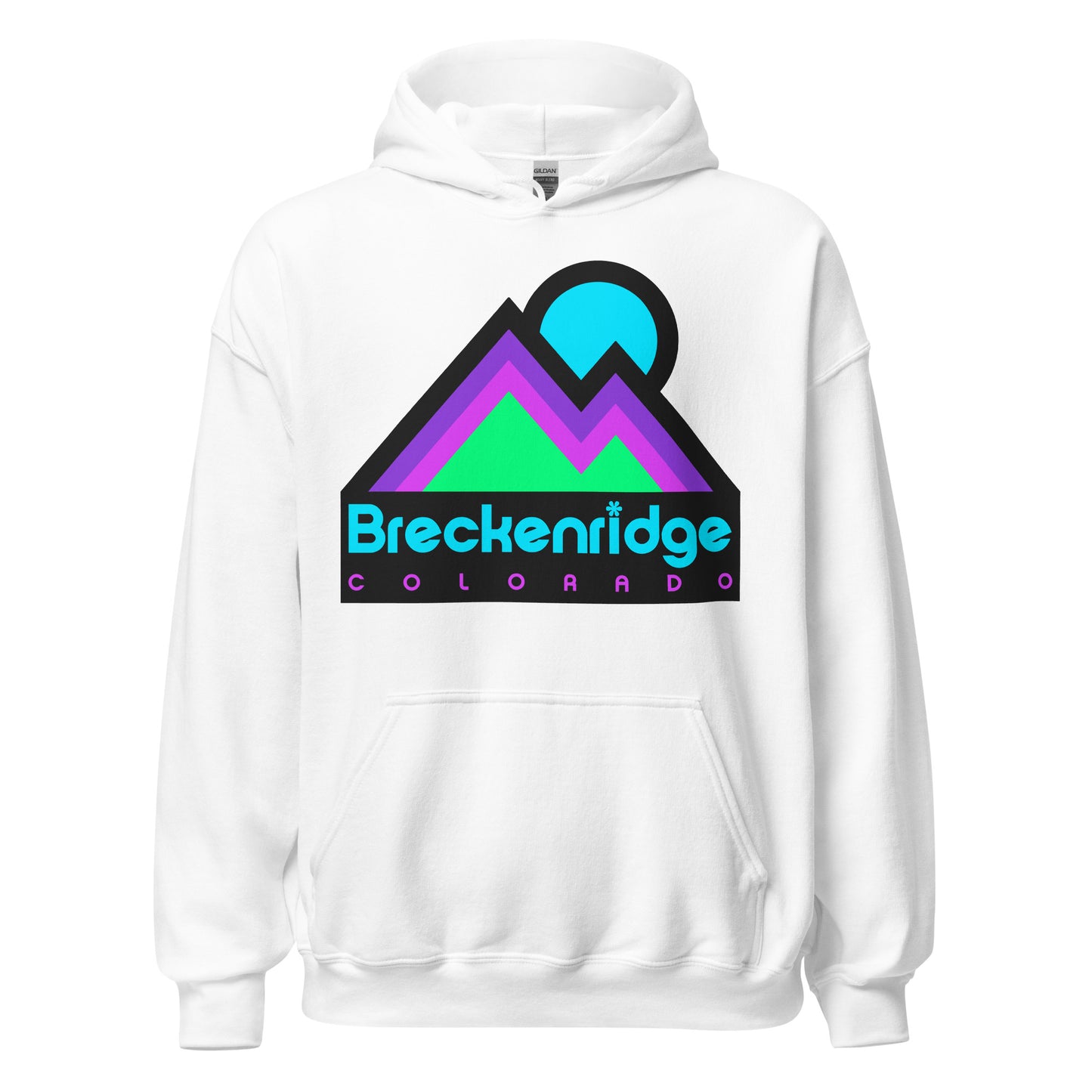 A 70s style tourist hooded sweatshirt that says Breckenridge, a ski resort in the Rocky Mountain Range in Colorado, known for its complex terrain, skiing and snowboarding slopes, and hiking trails. Images of mint green / magenta / purple mountains under a neon blue sun rising above the peaks.