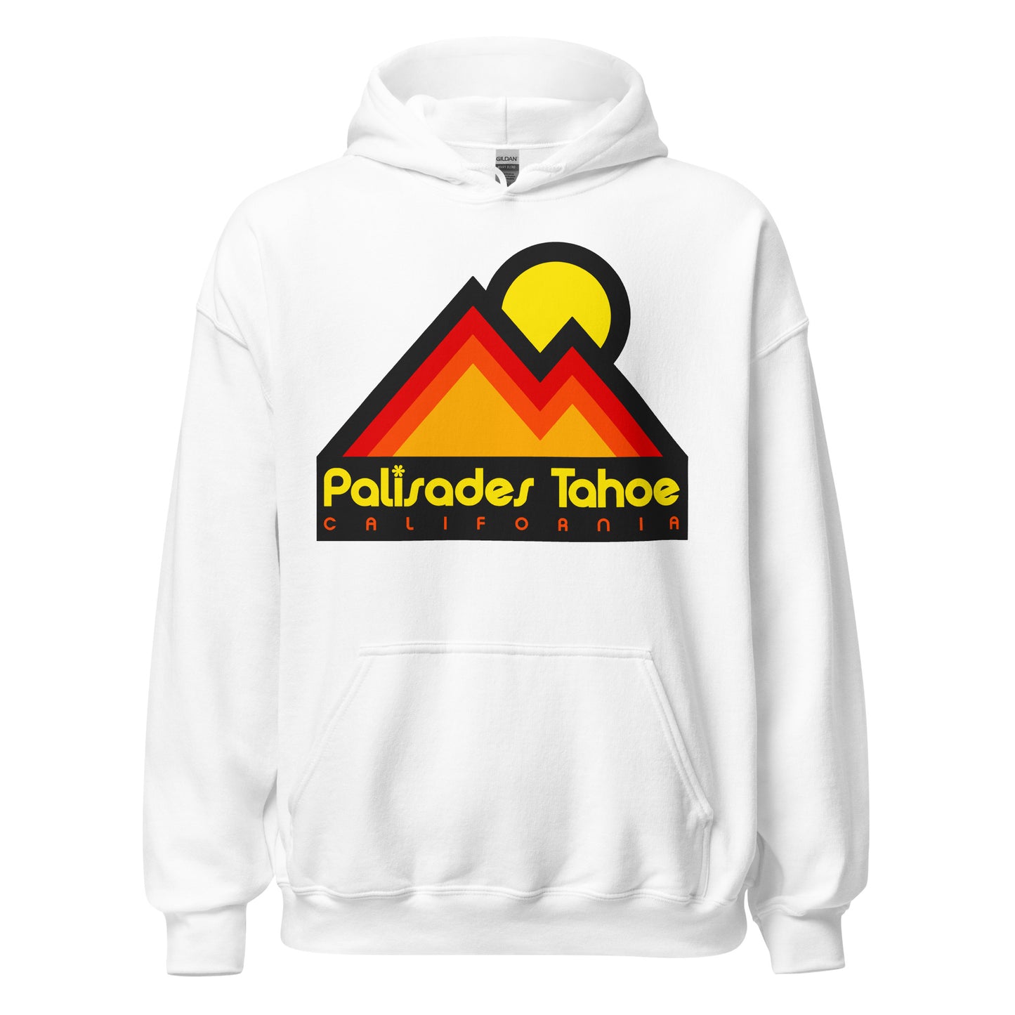 A vintage 70s style white hooded sweatshirt with an image of a mountain range - the Sierra Nevadas - under a rising, yellow sun. Says Palisades Tahoe, California, one of the most famous ski resorts in America, known for its enormous snowfall.