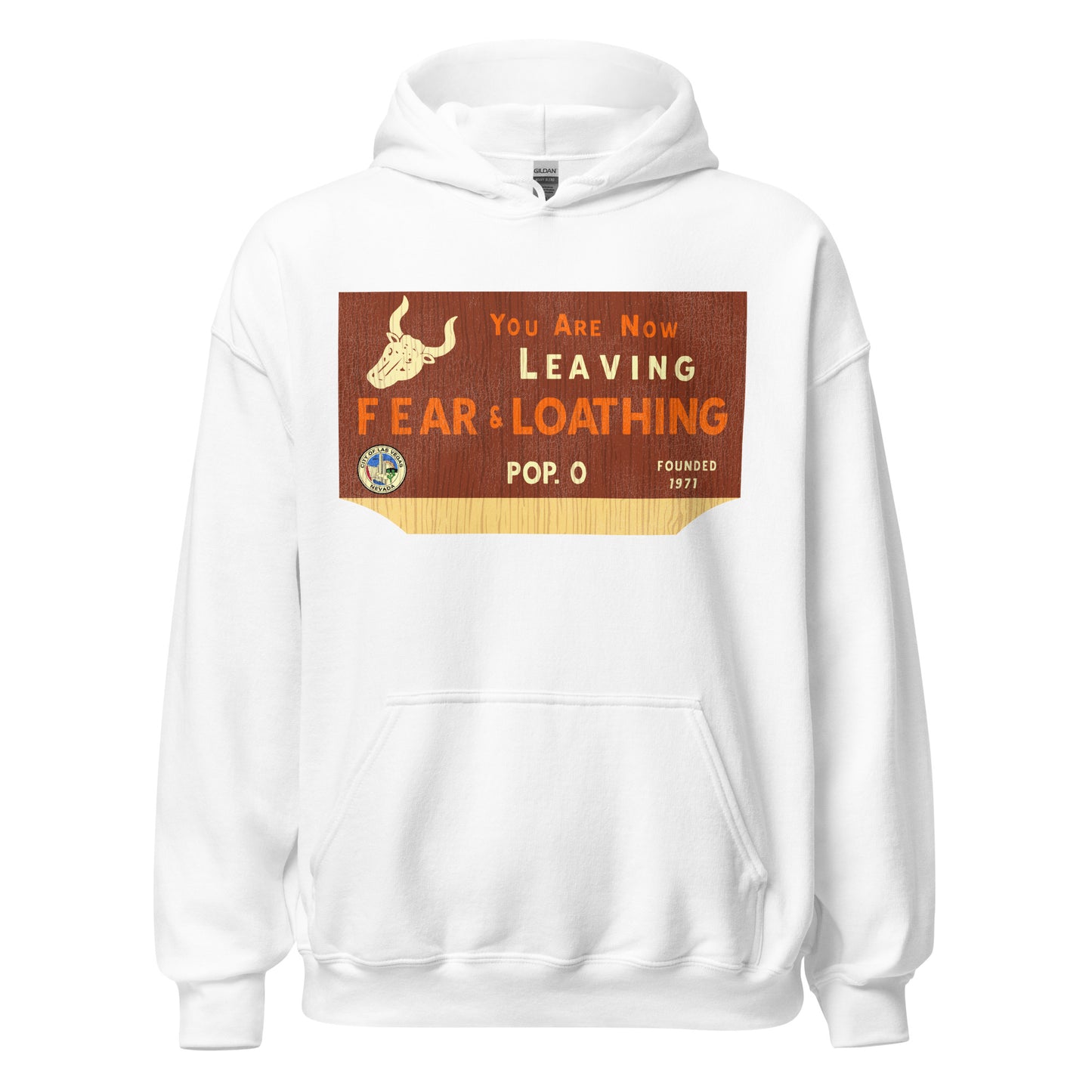 A retro white 80s style hoodie that says "You are Now Leaving Fear & Loathing" with a "Pop. 0", "Founded 1971". Has the official Seal of Las Vegas, which reads "City of Las Vegas, Nevada", an image of a horned bull skull from the desert, and a background of wood. In reference to the famous film 'Fear and Loathing in Las Vegas' directed by Terry Gilliam based on the book by Hunter S. Thomas.