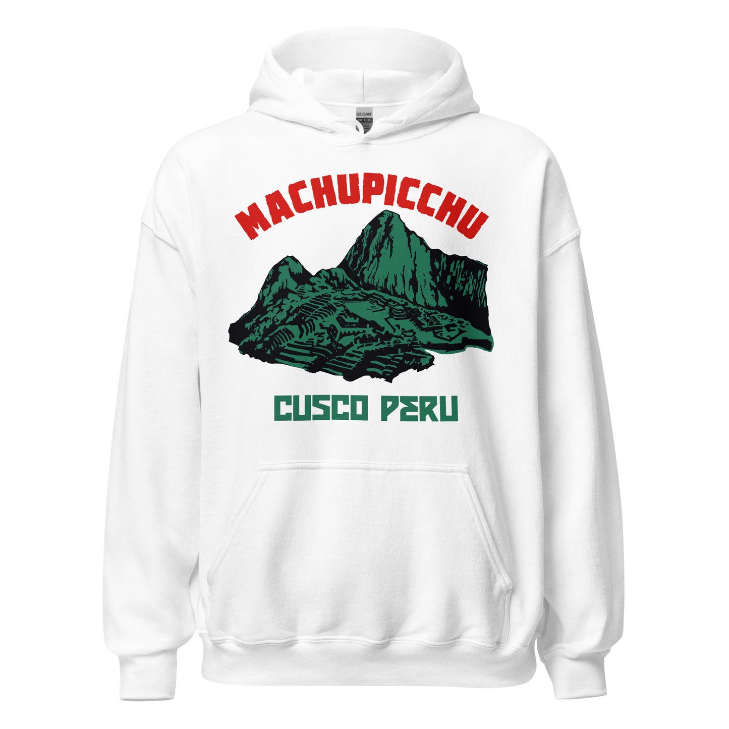 A vintage white hoodie sweatshirt that says Machu Picchu and Cusco Peru with an image of the historic sanctuary and surrounding mountains in a dark, forest green. Considered a UNESCO World Heritage Site and one of the Seven Wonders of the World, the ruins are one of the most famous tourist attractions and a legacy of the Inca civilization.