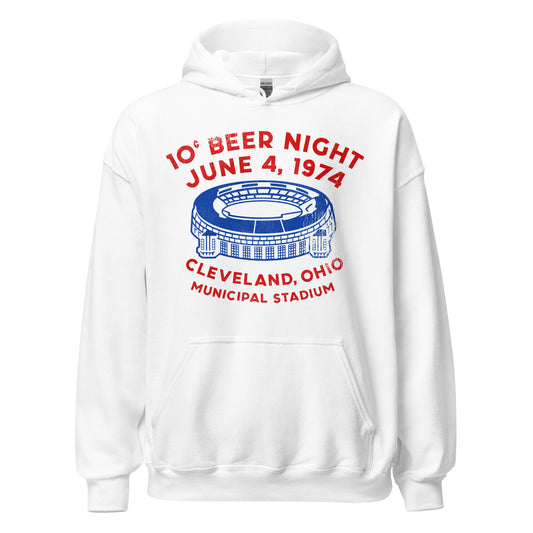 A white, unisex short sleeved retro t-shirt that says "10 cent Beer Night", "June 4, 1974", "Municipal Stadium", and "Cleveland, Ohio" in references to the infamous Texas Rangers vs. Cleveland Indians legendary game which was disastrous and drunken. Image of a navy blue multipurpose Cleveland Municipal Stadium, also known as Lakefront Stadium.