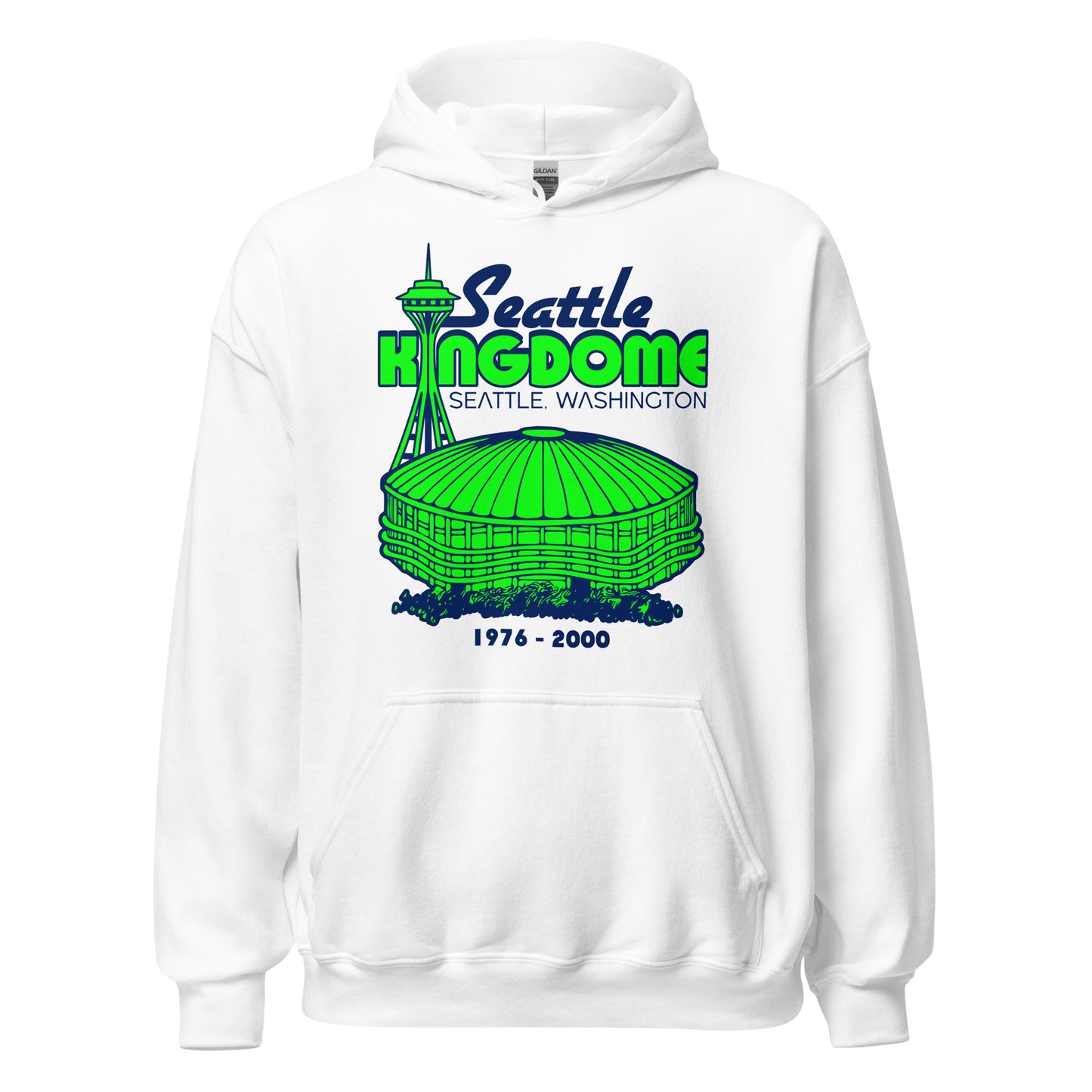 An vintage white Seattle Kingdome hooded sweatshirt for travel, referencing the multipurpose domed stadium from Seattle, Washington which was in use from 1976 - 2000 by the Seattle Mariners, Sonics, Seahawks, and Sounders. Lime green image of the Kingdome sports stadium and the Space Needle iconic landmark.