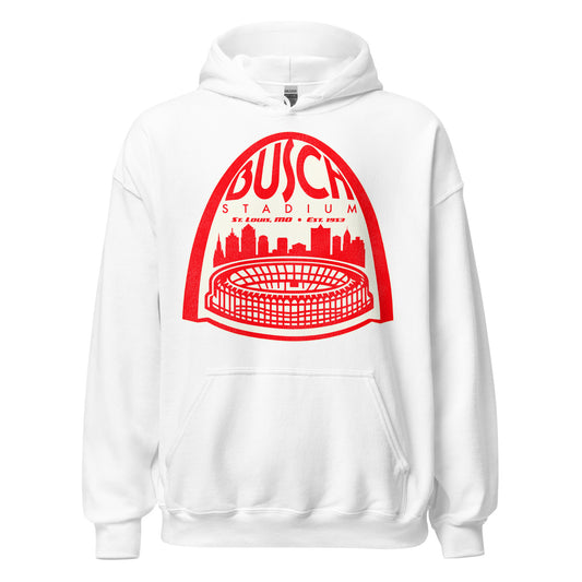 A white retro travel Busch Stadium hooded sweatshirt with an image of the Old Busch Stadium under the St. Louis Arch and the skyline. Says "Est. 1953" in "St. Louis, MO". References where the St. Louis Cardinals and St. Louis Browns played.