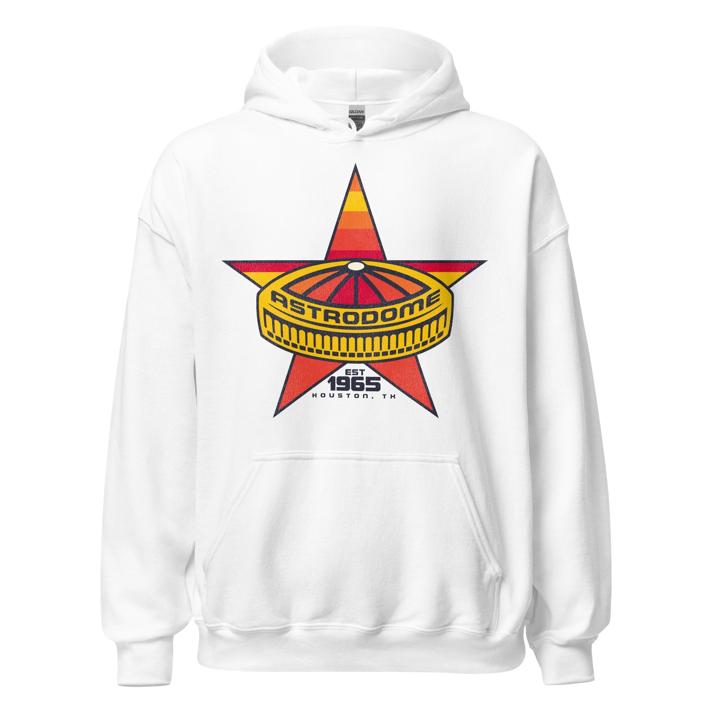 An 70s style white Astrodome hooded sweatshirt with a graphic of the domed stadium that says "Astrodome" on top of a five pointed colorful star, in reference to the "Lone Star" symbol of Texas. Shirt says "Est. 1965", referring to Astrodome as the first domed stadium ever, and the location "Houston, TX".