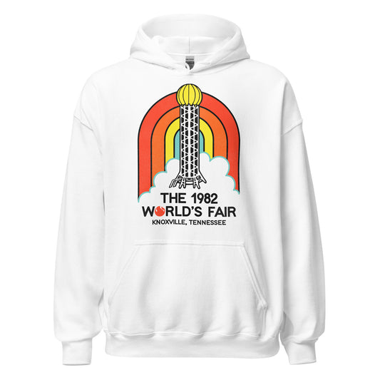 A retro white hoodie sweatshirt for the 1982 World's Fair. Image of a flame used for the letter "o", a symbol which represented the fair's theme, "Energy Turns the World". The sweatshirt has a picture of a rainbow behind a steel tower with a globe of gold on top, the Sunsphere tower.