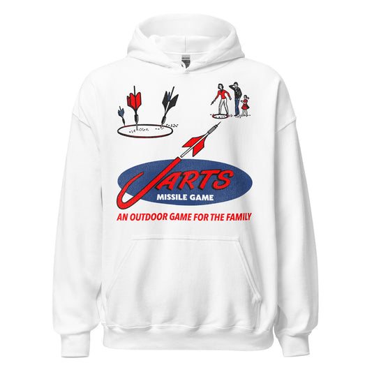 An 80s style retro white hooded sweatshirt that says J Arts Missile Game and An outdoor game for the family. Has a family playing the missile game, throwing the weighted lawn darts, which since has been banned.