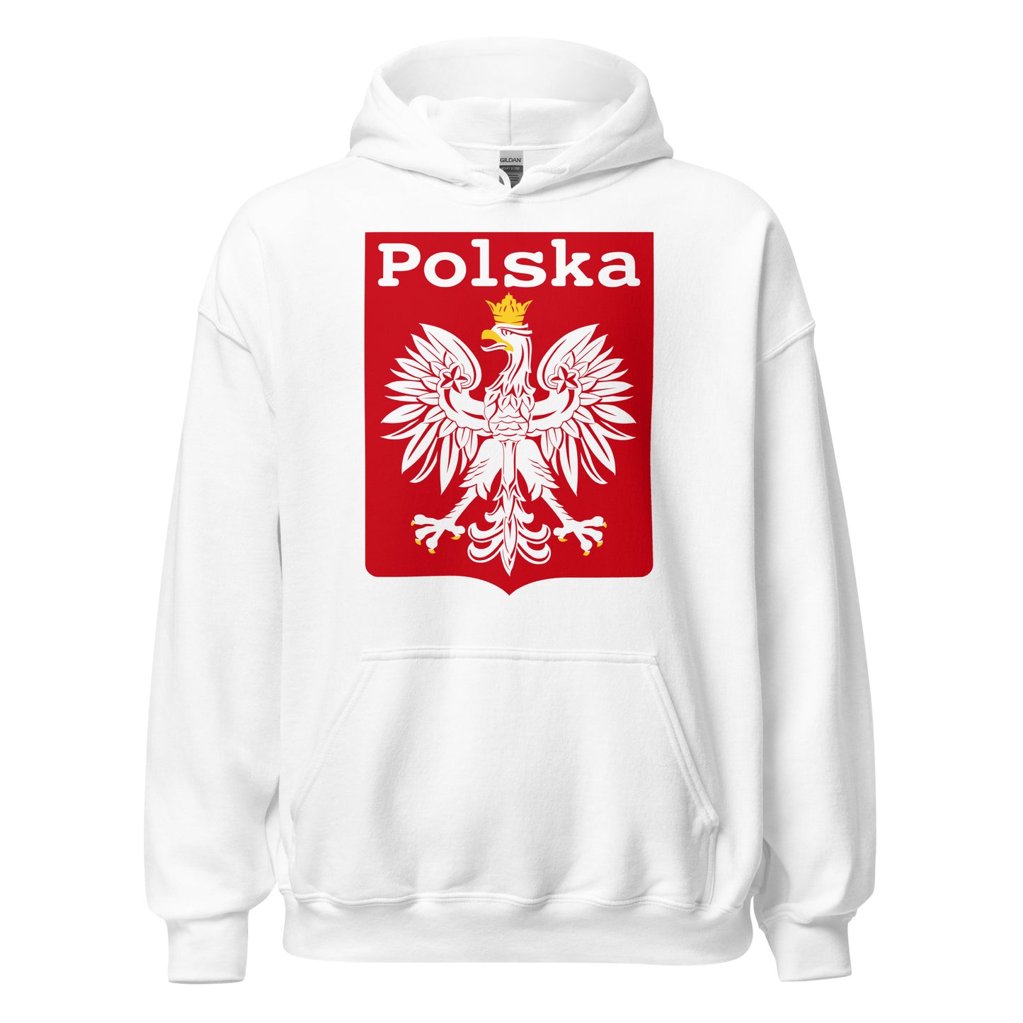 A white retro hoodie sweatshirt for tourists that says Polska, or Poland in Polish. Has the Polish coat of arms, a white eagle with gold crown on a red background, similar to the red Polish flag.