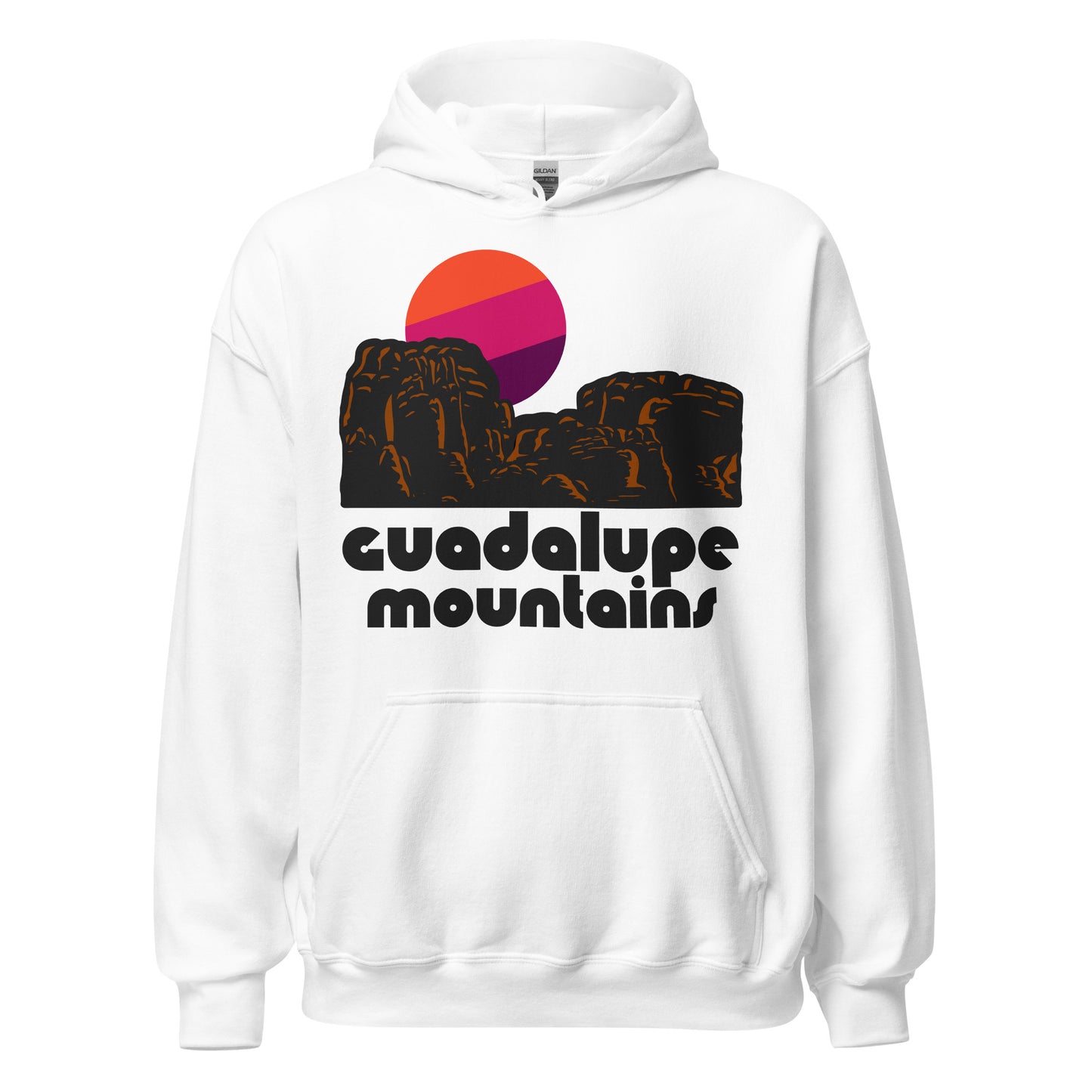 A Guadalupe Mountains retro hooded white sweatshirt for tourists. Says Gaudalupe Mountains, referring to the national park in Texas. Image of red rock mountain landscape and colorful sun.