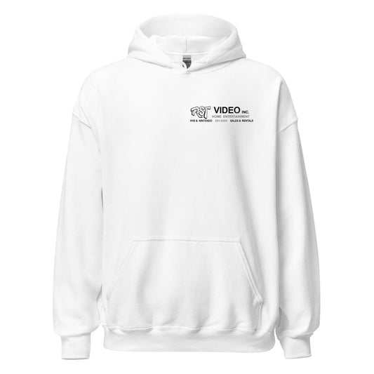 The front of a white, retro, 70s style hoodie sweatshirt that says in small print RST Video Inc., Home Entertainment, VHS & NIntendo, Sales & Rentals, with phone number "291-5354".