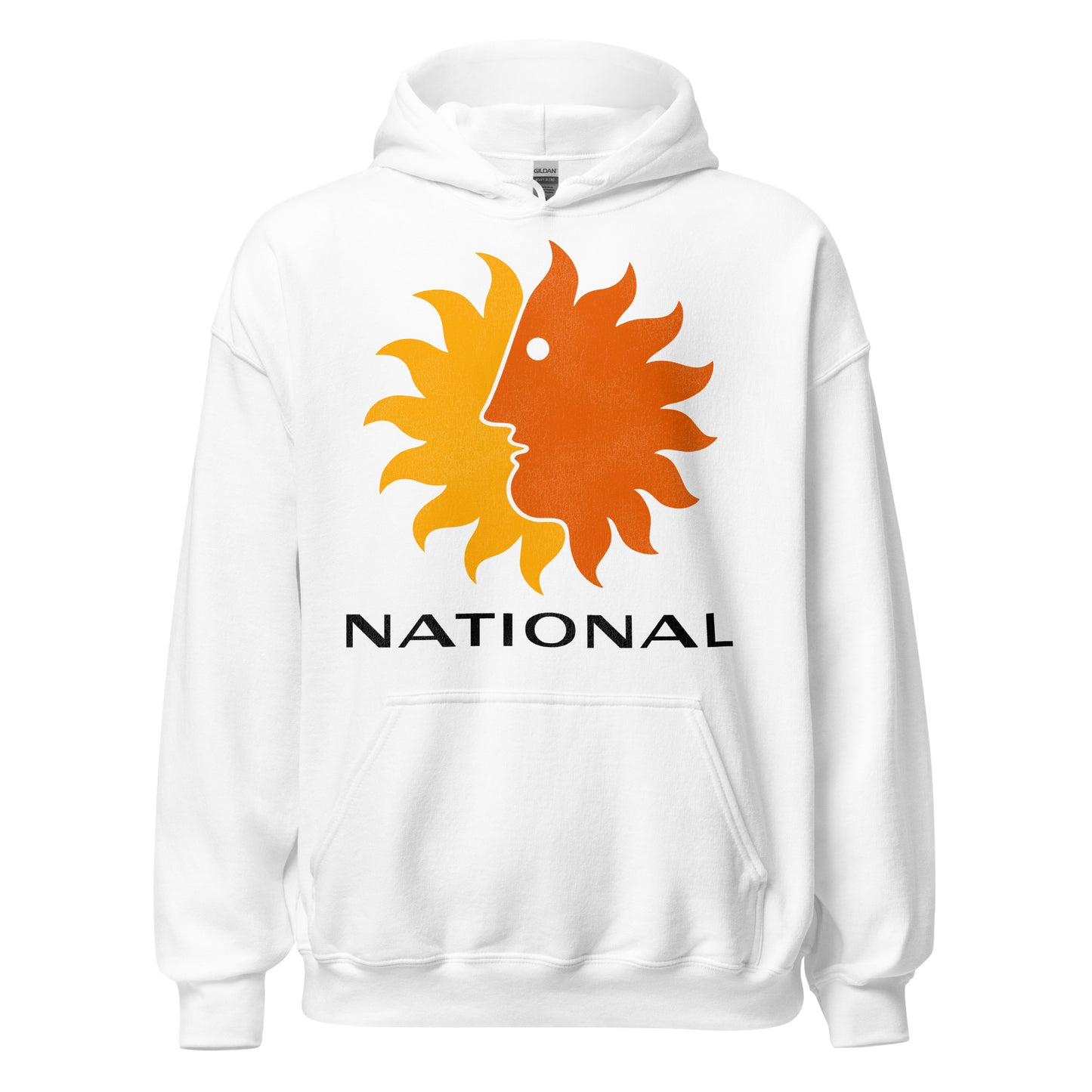 A 60s style vintage white hooded sweatshirt that says "national" with the "Sun King" logo image of a yellow and orange sunburst.