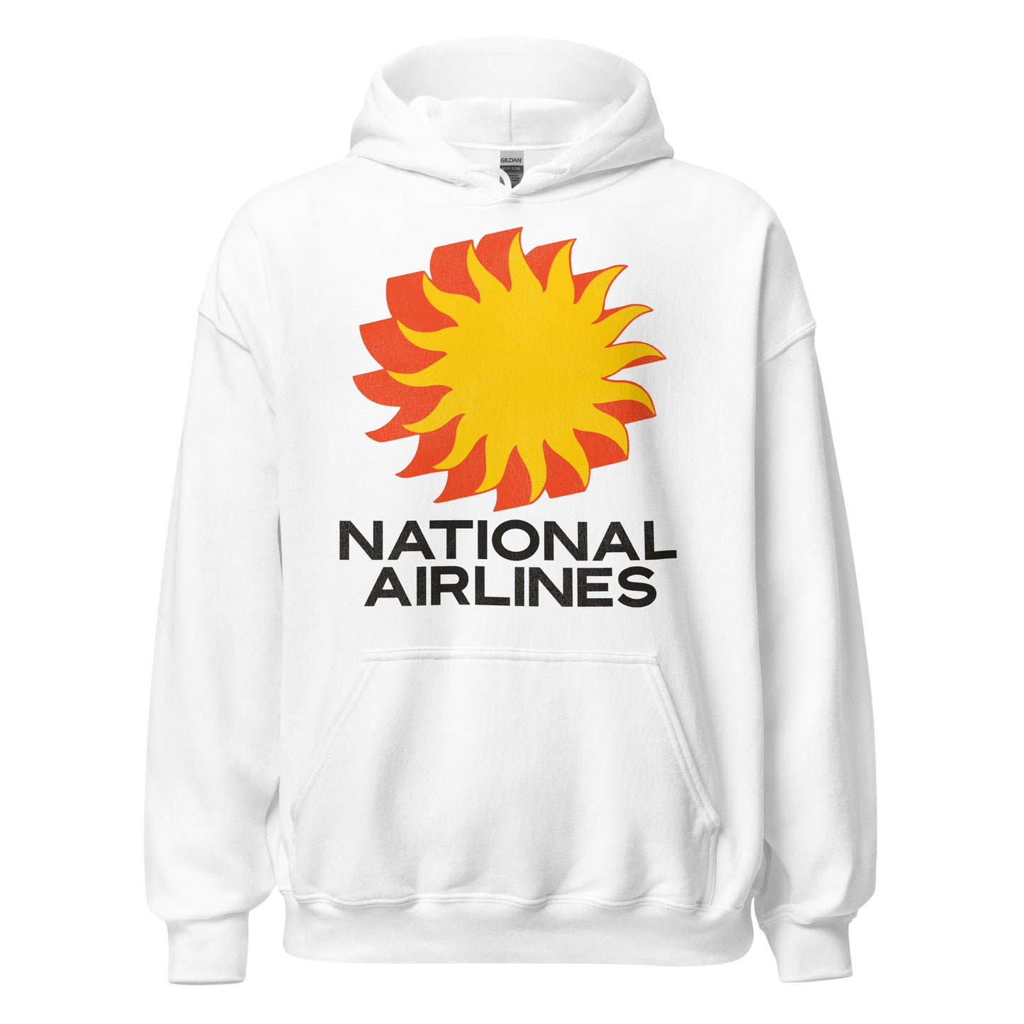A vintage white hooded sweatshirt that says "National Airlines" with a yellow and orange sunburst logo.