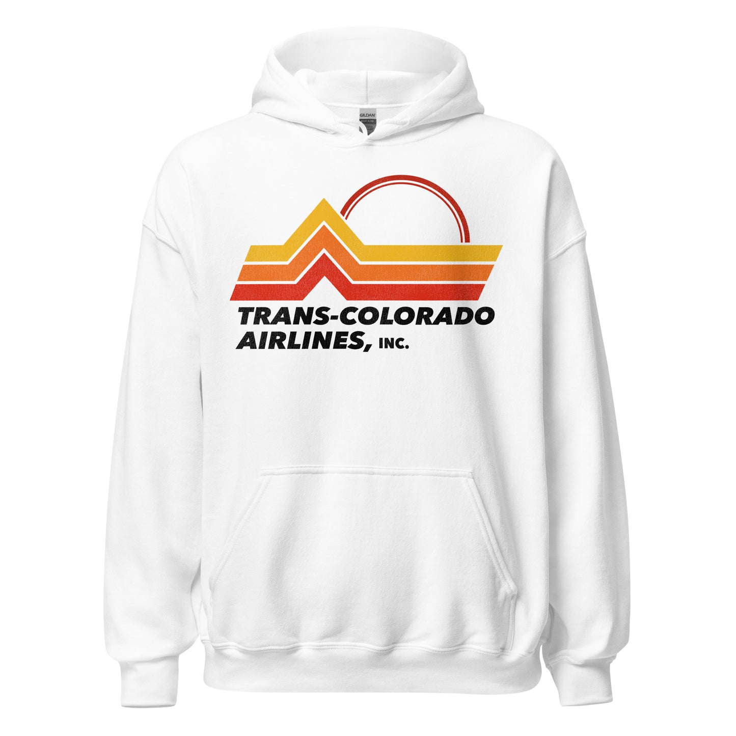 A travel white hooded sweatshirt that says Trans-Colorado Airlines, Inc. with a mountain red, orange, and yellow landscape and half sun.