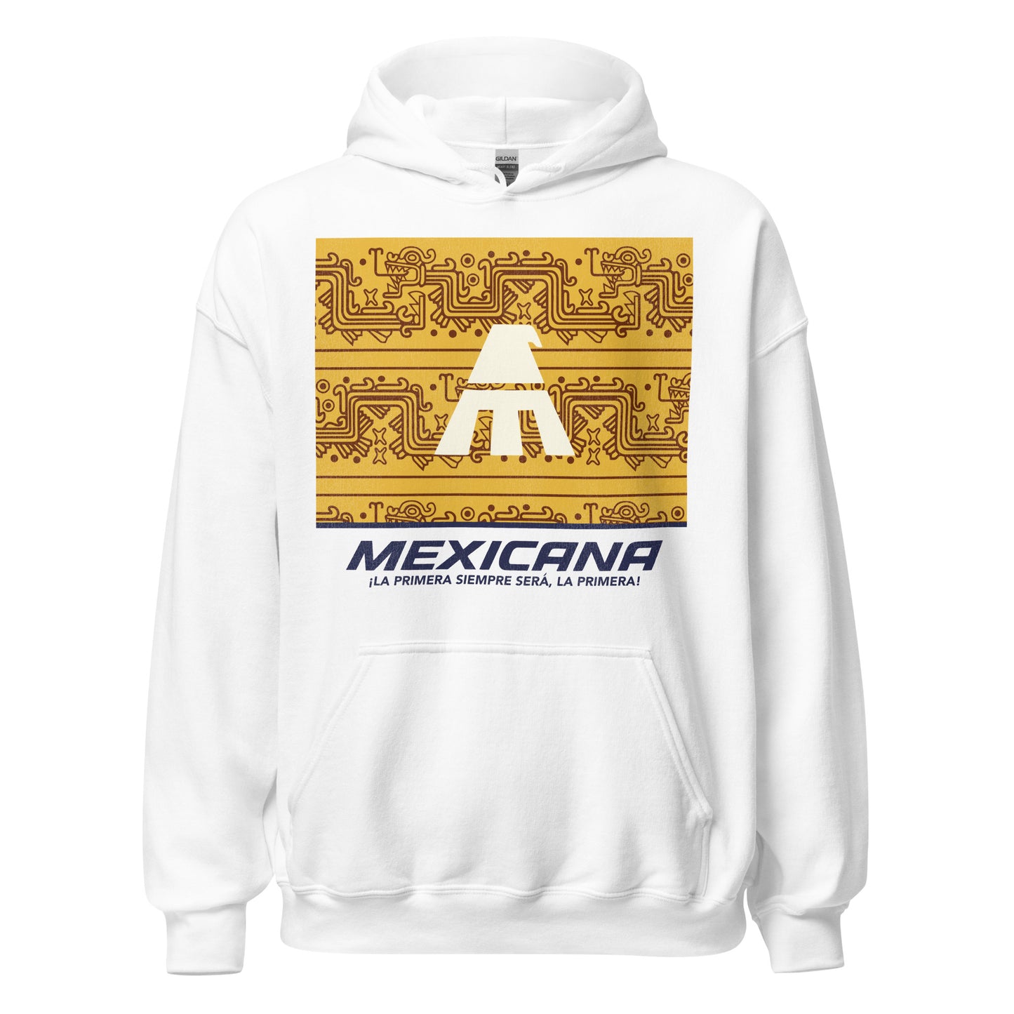 A white retro hooded sweatshirt with a white block logo of the 20th century airline Mexicana de Aviación, a golden eagle, over a gold colored background with brown dragonlike lines. Shirt has the text "Mexicana ¡La primera siempre será, la primera!"
