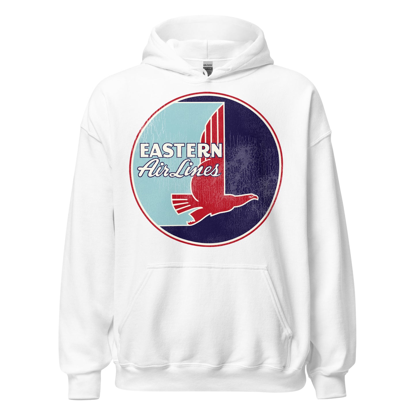A white vintage hooded sweatshirt that says Eastern Air Lines, with the image of the famous "hockey stick" logo including a red falcon.