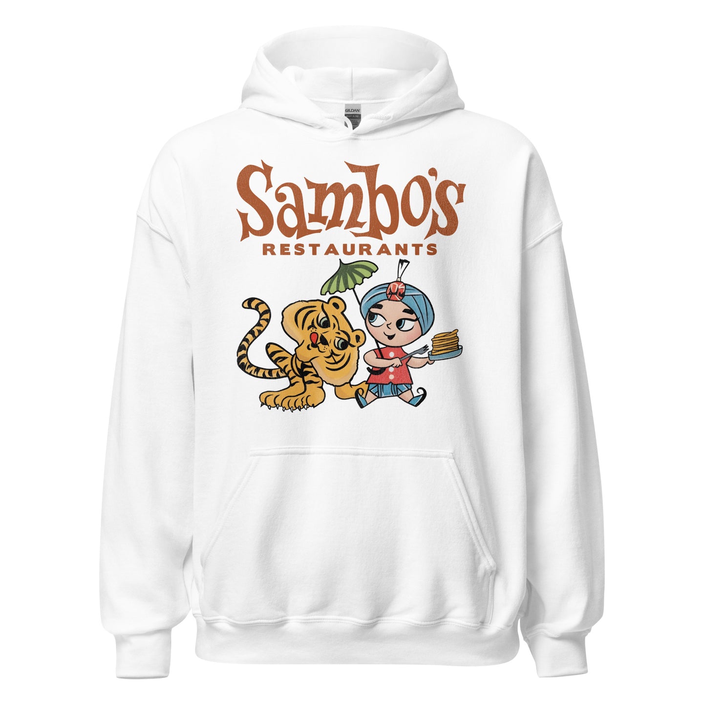 A white hooded sweatshirt for tourists that says Sambo's Restaurants, referencing the pancake and burger popular chain started in California in the 1950s. Image of young beautifully clothed boy and orange tiger with a plate of pancakes.