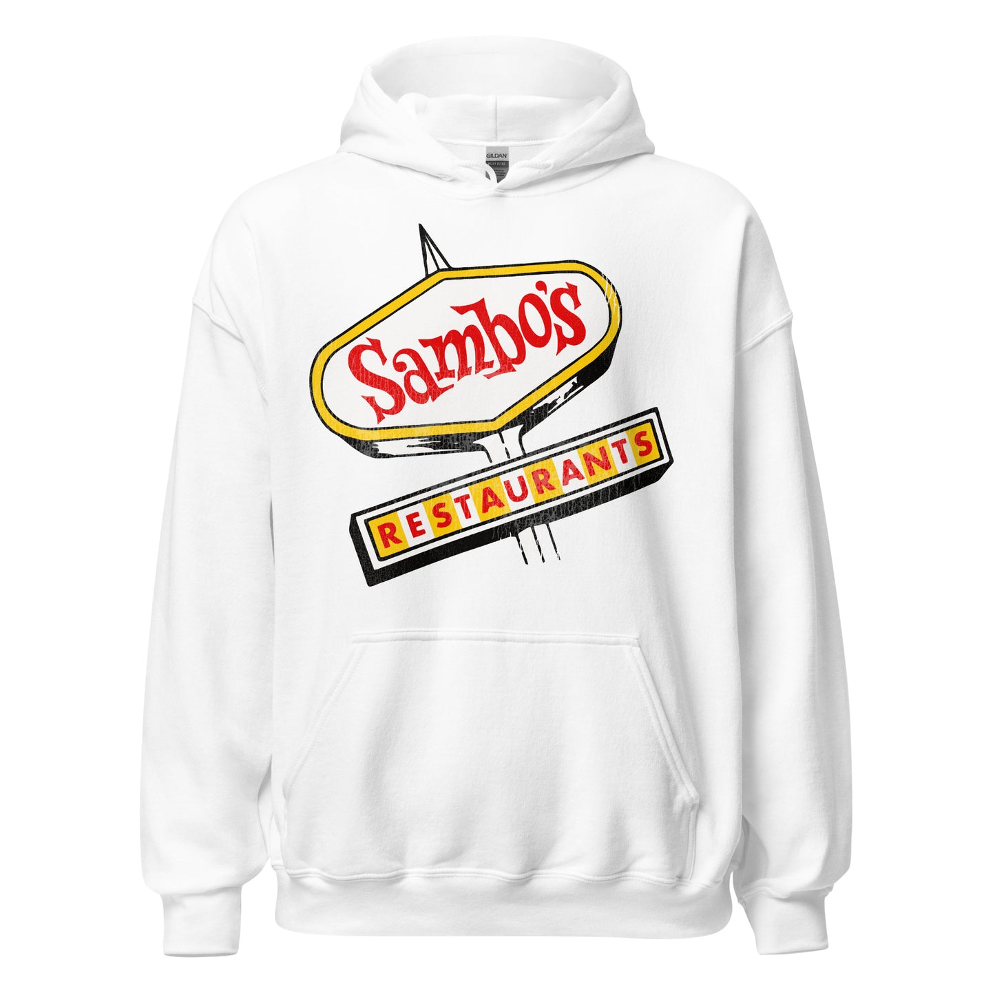A white vintage hooded sweatshirt reading "Sambo's Restaurants" on a street advertisement sign. References the chain that closed in the 70s which served burgers, pancakes, and traditional American meals.