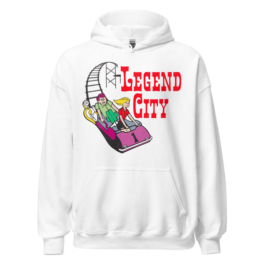 A Legend City retro sweatshirt that's white with two people riding a pink rollercoaster car on black tracks. Refers to the 60s, 70s, and 80s Arizona theme park akin to Disneyland.