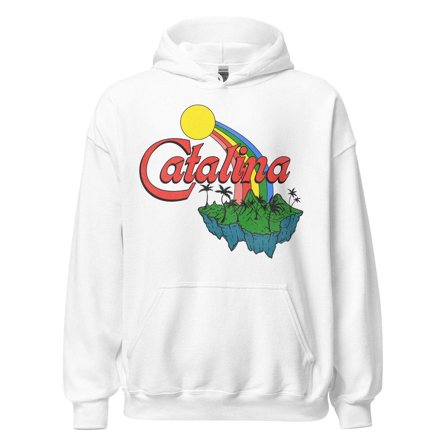 A white vintage hooded sweatshirt that says Catalina with the image of a green island with palm trees and ocean cliffs and a rainbow and bright sun. Refers to popular tourist destination Santa Catalina Island off the Californian coast.