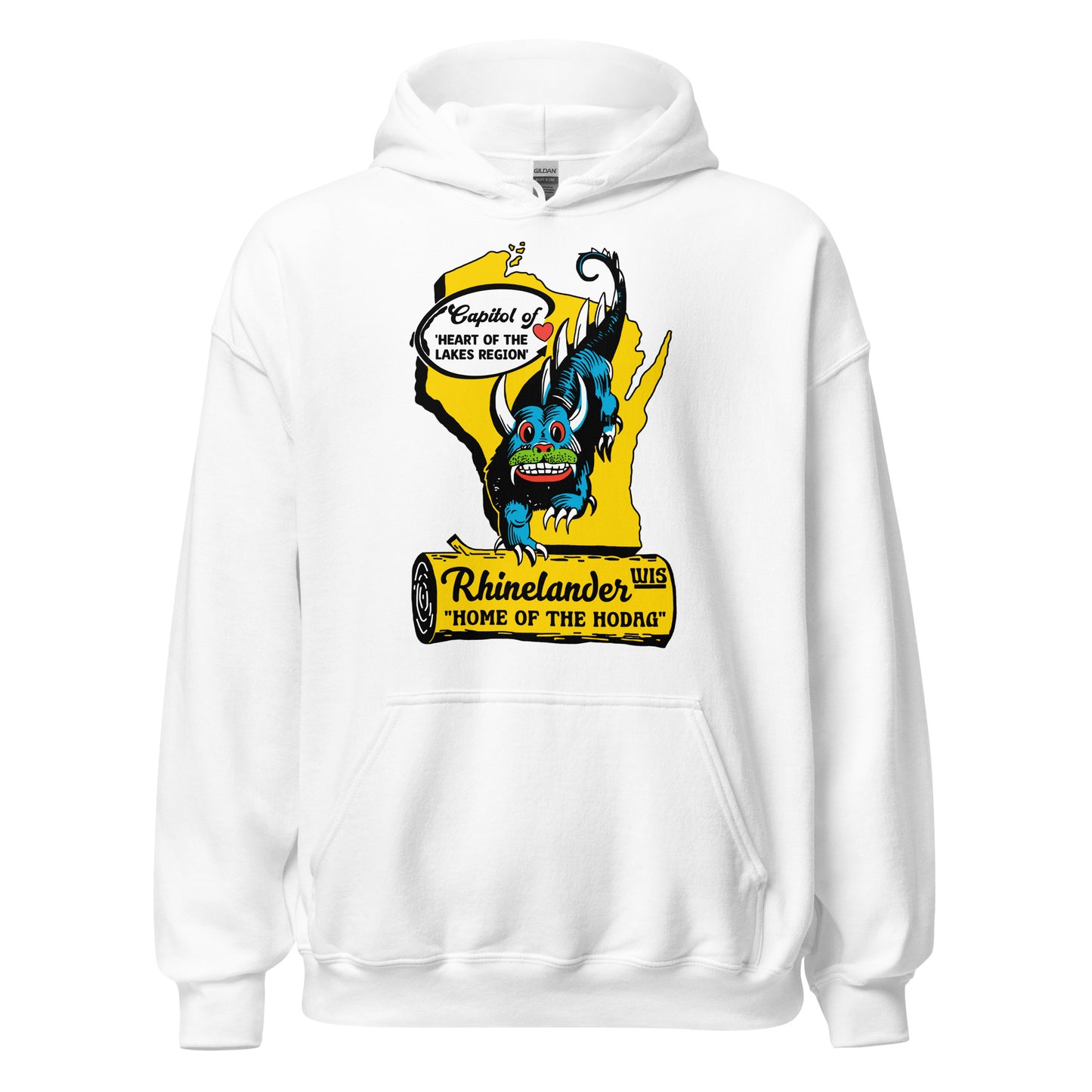 A white tourist hooded sweatshirt with a map of Wisconsin and a red heart on Rhinelander. Picture of blue horned hodag legendary monster with red eyes and large teeth hiding in the North Woods of Wisconsin. Hoodie says "Rhinelander, Wis" and "home of the Hodag" on a yellow log and "Capitol of" WI and "Heart of the Lakes Region".