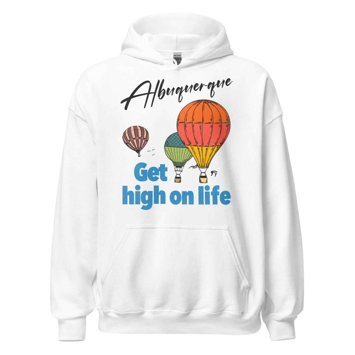 A white travel retro hooded sweatshirt that says Albuquerque and Get high on life with three aesthetic hot air balloons referring to the touristy Albuquerque Balloon Festival.