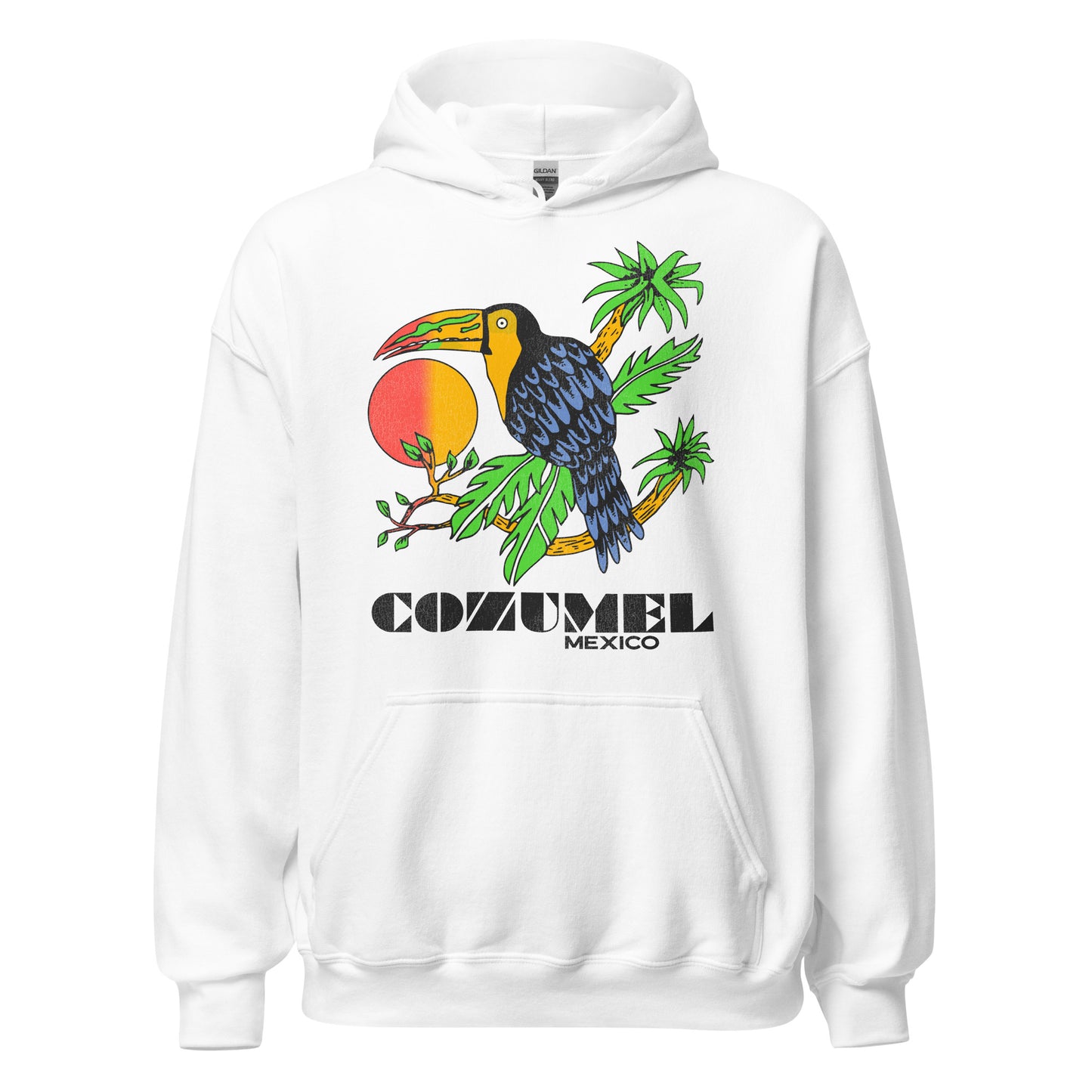 A heavy blend white vintage style hoodie with the words Cozumel Mexico with a blue and black toucan bird on tropical tree branches and a sun. Refers to the popular cruise tourist destination island in the Caribbean.