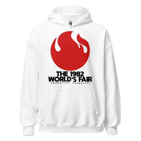 A white retro 80s style hoodie sweatshirt that says "The 1982 World's Fair Knoxville Tennessee" with a red flame image, referencing the theme, "Energy Turns the World."