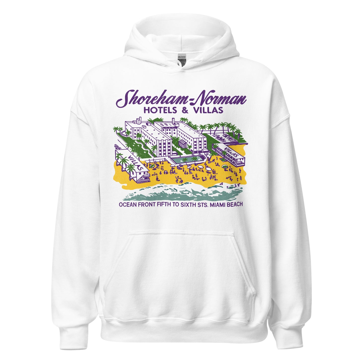 A retro white heavy blend hooded sweatshirt with a beachfront hotel on the oceanside, palm trees, sand beach, travel tourists sunbathing, and two villas that says "Shoreham Norman Hotels & Villas" and "Ocean Front Fifth to Sixth Sts. Miami Beach."