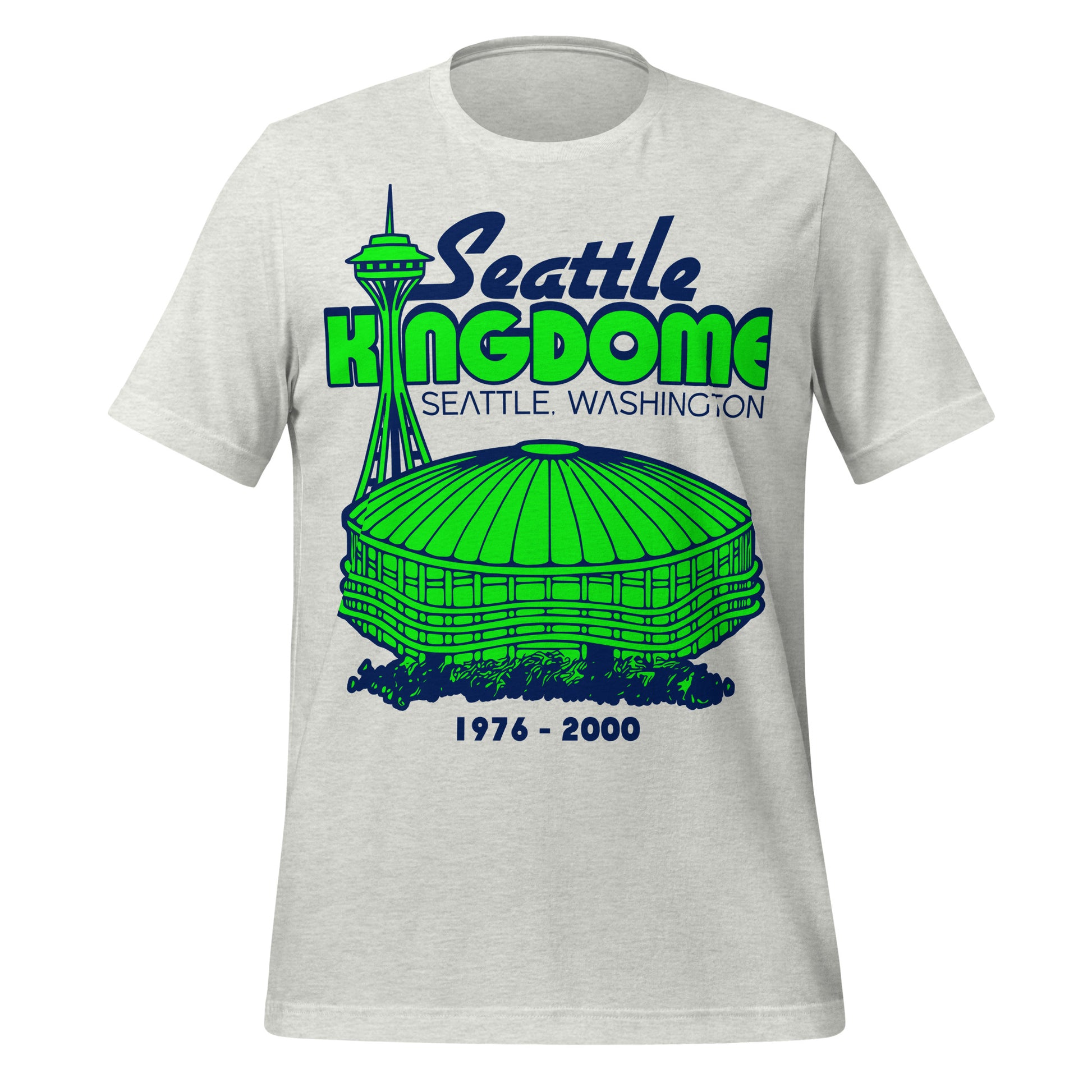 An ash gray 80s style retro t-shirt that says "Seattle Kingdome", "Seattle, Washington", and "1976 - 2000", referencing its location in King County, Washington and it's domed roof. Image of the famous stadium and iconic landmark the Space Needle in lime green.