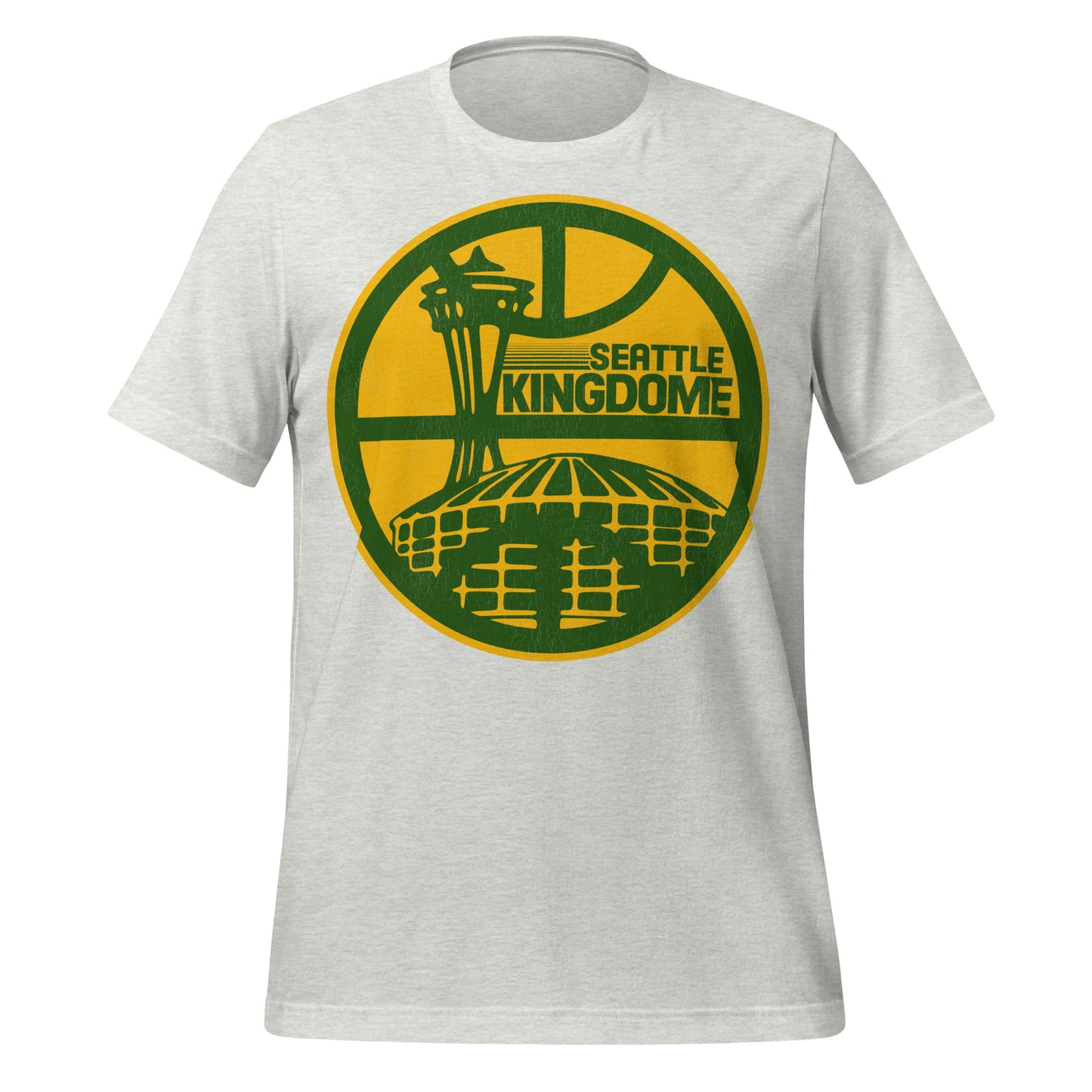 An ash gray short sleeved tourist Seattle Kingdome t-shirt. Image of the famous domed stadium and the Seattle Space Needle in green printed over the lines of a basketball court on a yellow circle. Home of the Seattle Seahawks, Seattle Mariners, and Seattle SuperSonics.