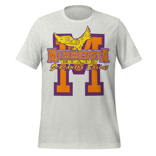 An ash gray retro t-shirt for the Minnesota State Screaming Eagles with a huge orange and purple "M" logo and a golden eagle. References the 1980s-1990s TV series "Coach" and the fictional Minnesota State University.
