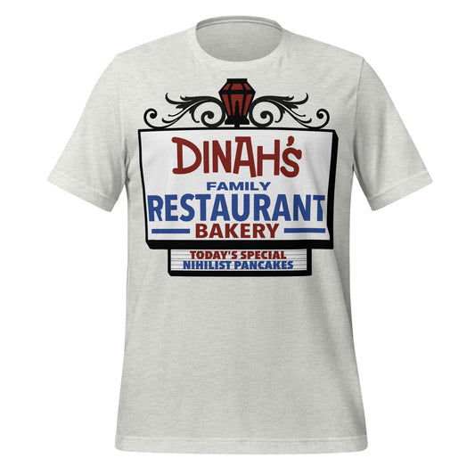 A retro Dinah's Family Restaurant Bakery t-shirt that's ash colored and also says Today's Special Nihilist Pancakes. Image of maroon street lamp.