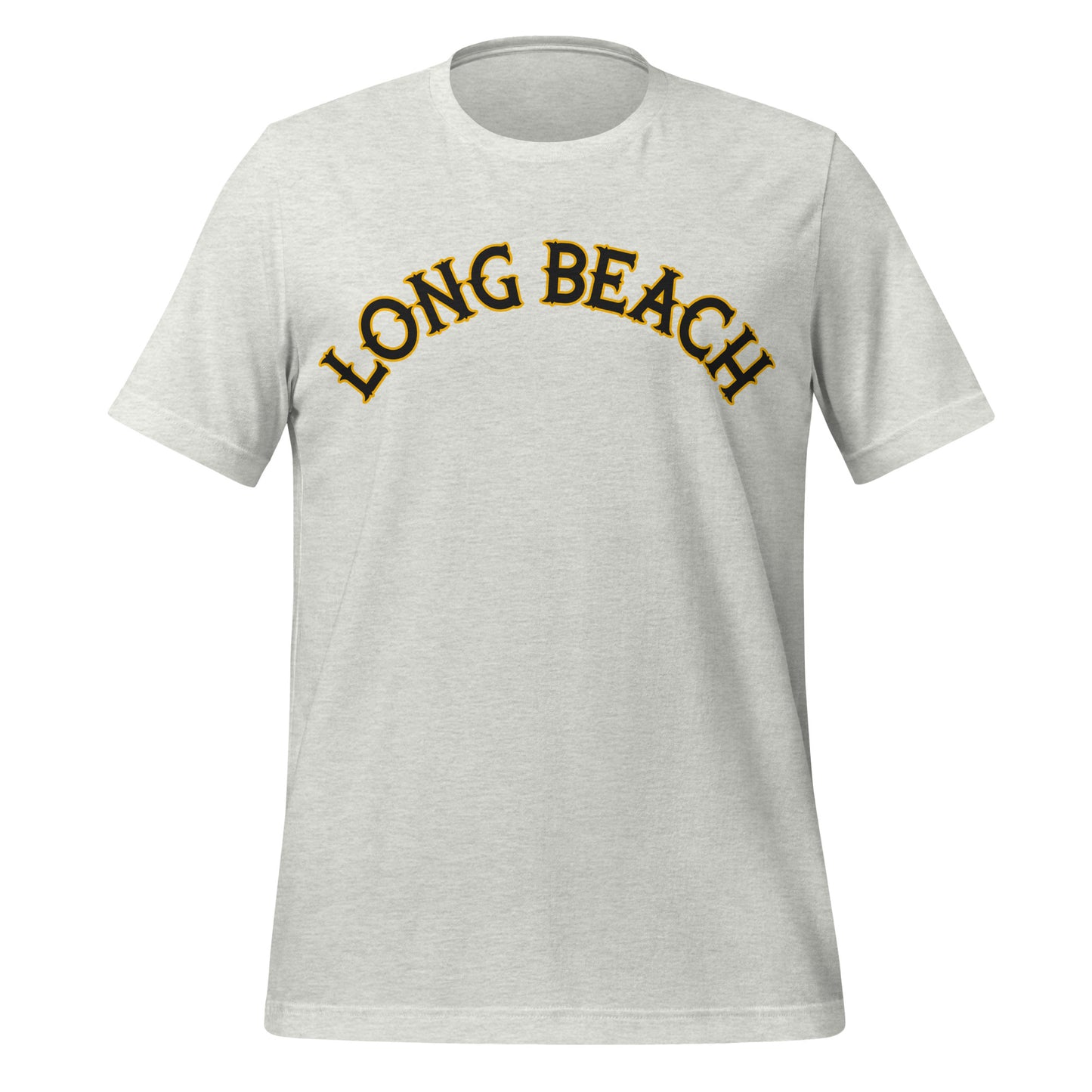 A 80s vintage unisex, light gray ash t-shirt with the words Long Beach in black and yellow.