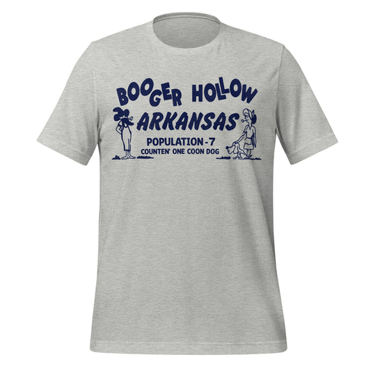 A gray athletic unisex retro t-shirt with the text Booger Hollow Arkansas Population 7 Counten' One Coon Dog. There's a hillbilly man and woman smoking pipes and a cocker spaniel dog.