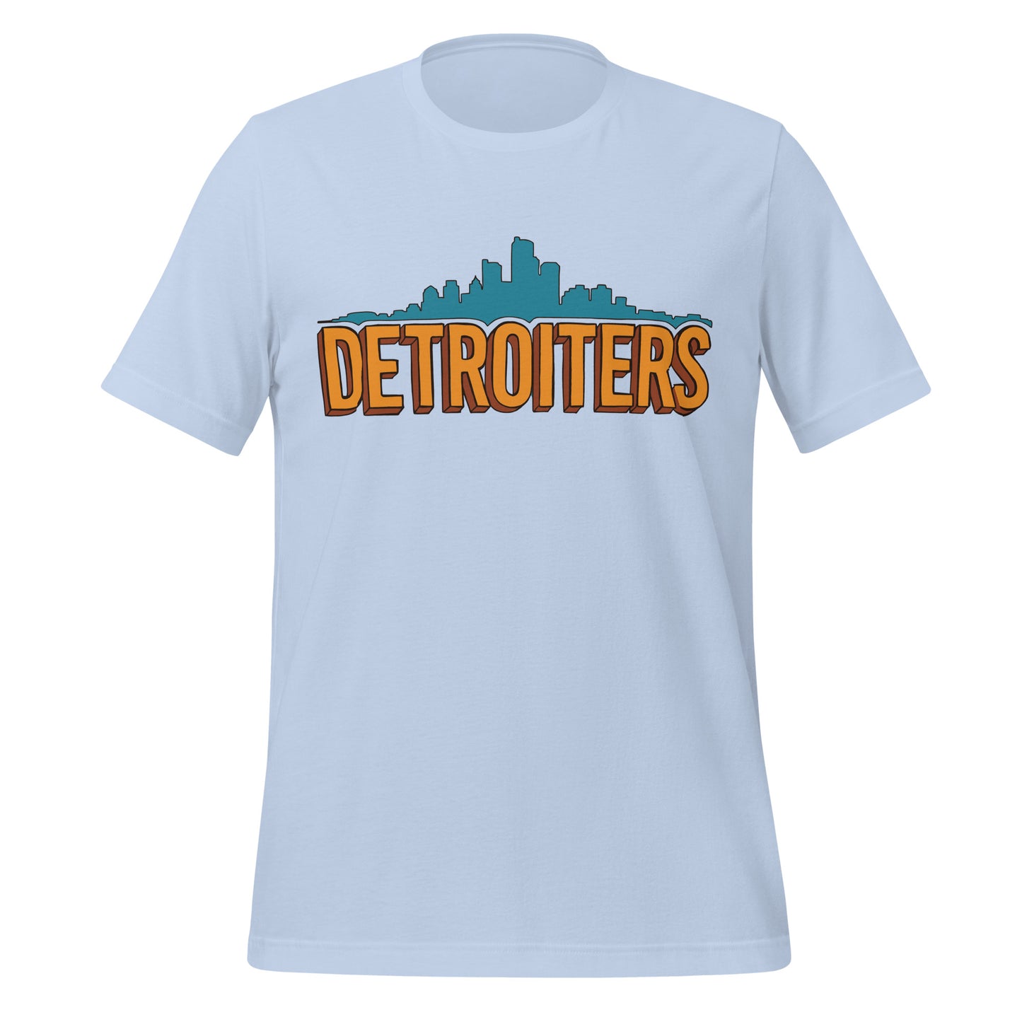 A baby blue retro style Detroiters t-shirt. Has the cityscape of Detroit.