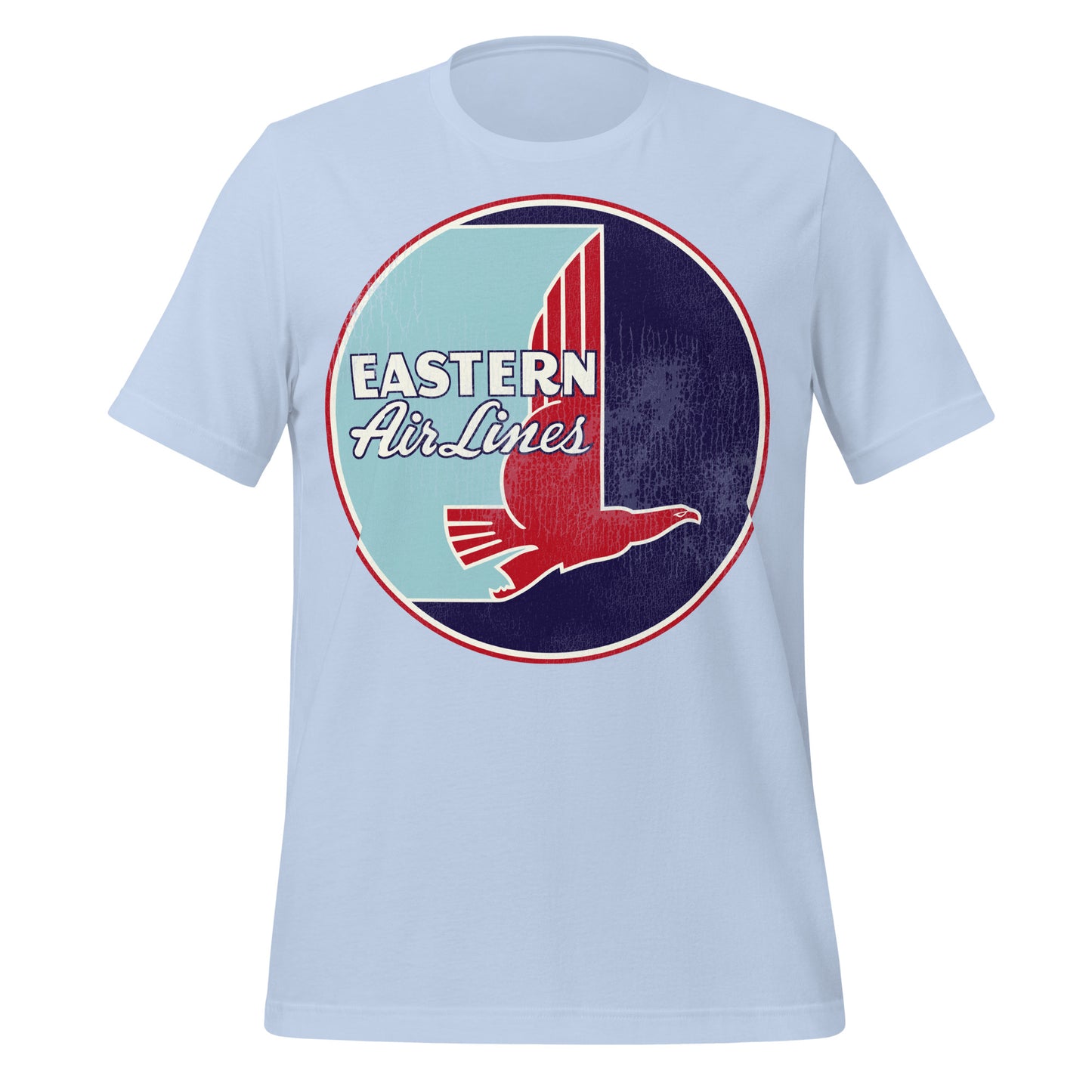 A baby blue vintage t-shirt that says "Eastern Air Lines" with the image of a red falcon flying through the air. The logo resembles a hockey stick.