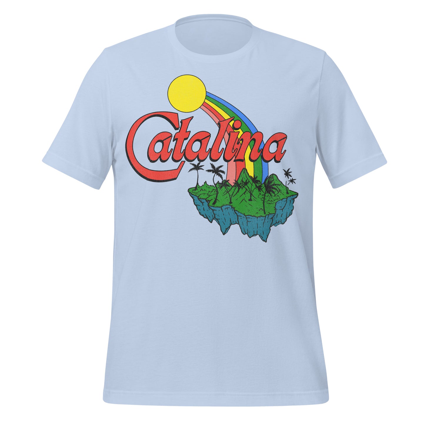 A 70s blue retro t-shirt that says "Catalina", referencing the Santa Catalina Island off the LA coast. Image of green luscious Pacific Ocean island, a rainbow, and a yellow sun.