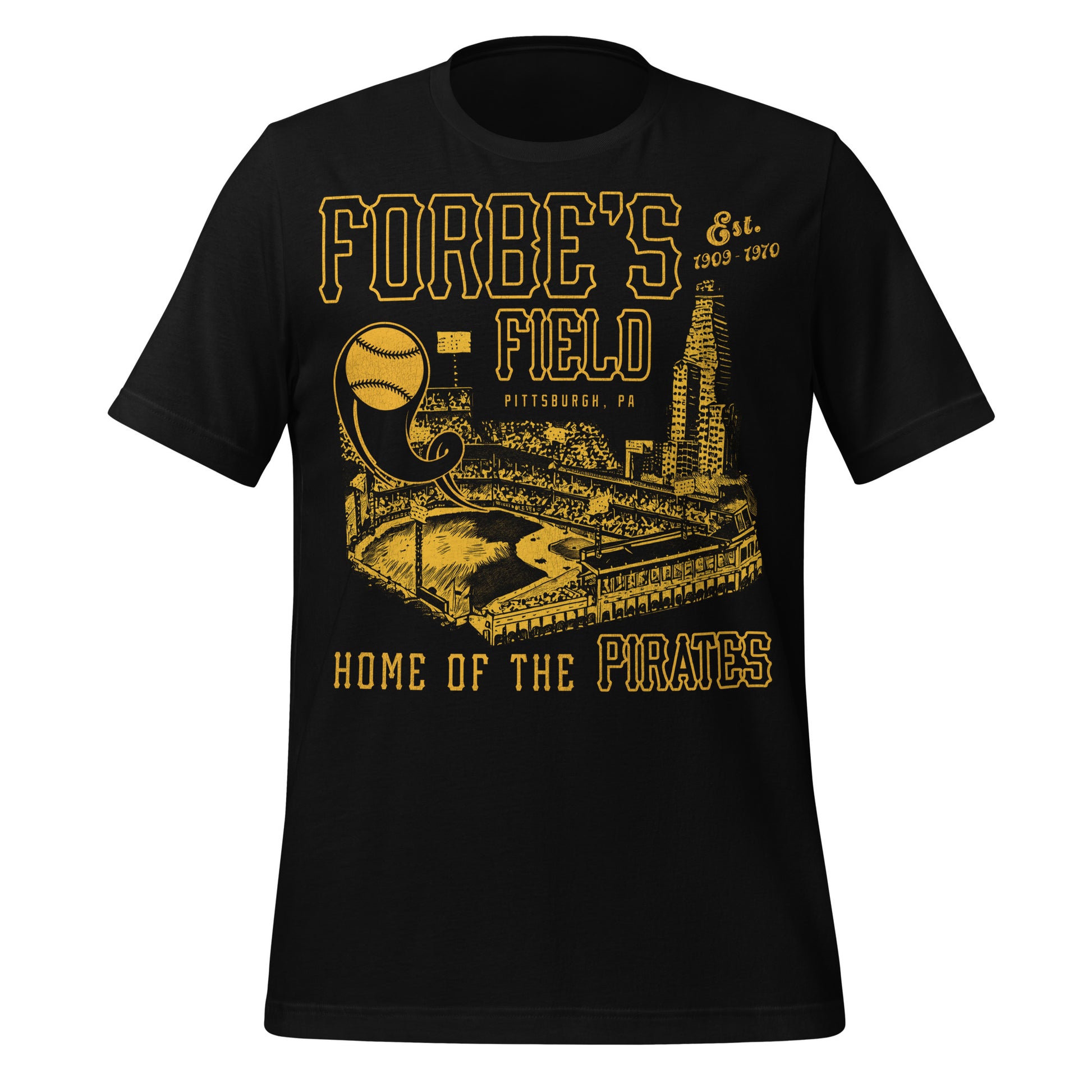 A black and gold retro Forbe's Field t-shirt. Says "Est. 1909-1970", the years the stadium stood, and "Pittsburgh, PA", the location of the stadium. Image of the baseball diamond and stands, known as the "Home of the Pirates", with a baseball flying up into the clouds in front of the iconic Cathedral of Learning landmark.