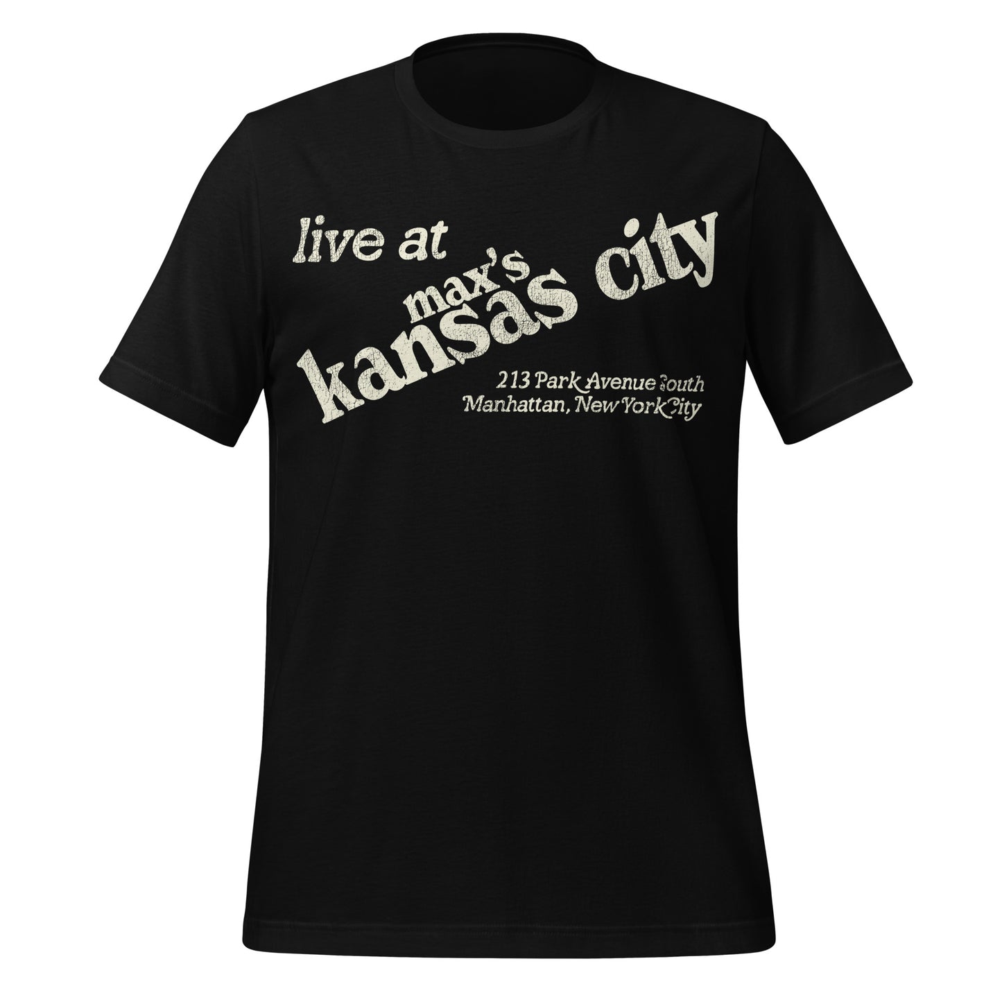 A vintage 90s style black Max's Kansas City short sleeve t-shirt that says "live at Max's Kansas City". Includes the address "213 Park Avenue South, Manhattan, New York City."