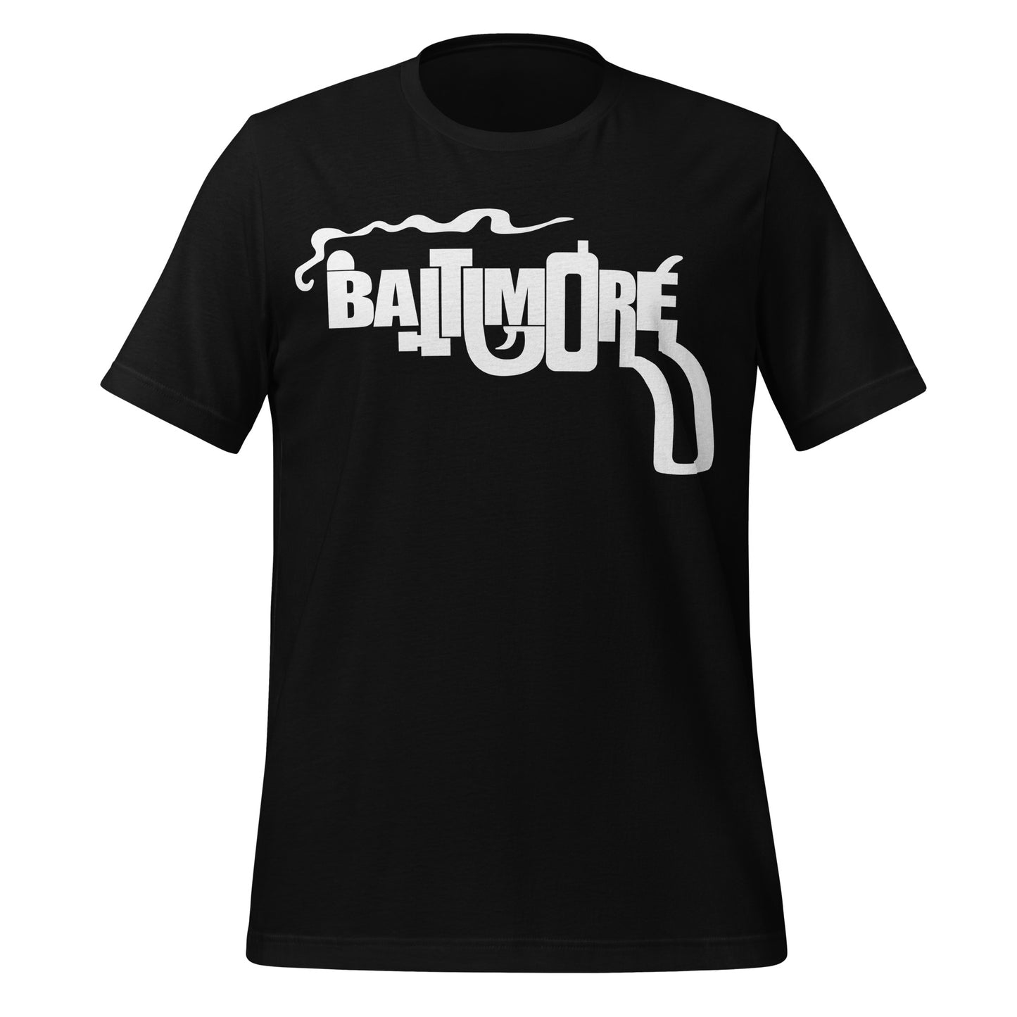 A vintage black short sleeve t-shirt that says Baltimore in stylized white letters with shapes.