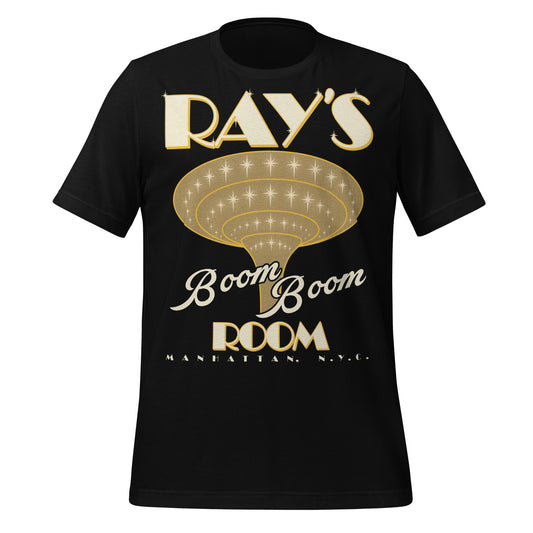 A black staple retro t-shirt that says Ray's Boom Boom Room and Manhattan, N.Y.C. with the image of a yellow spiraling funnel with stars. Refers to the 1999 movie "Life".